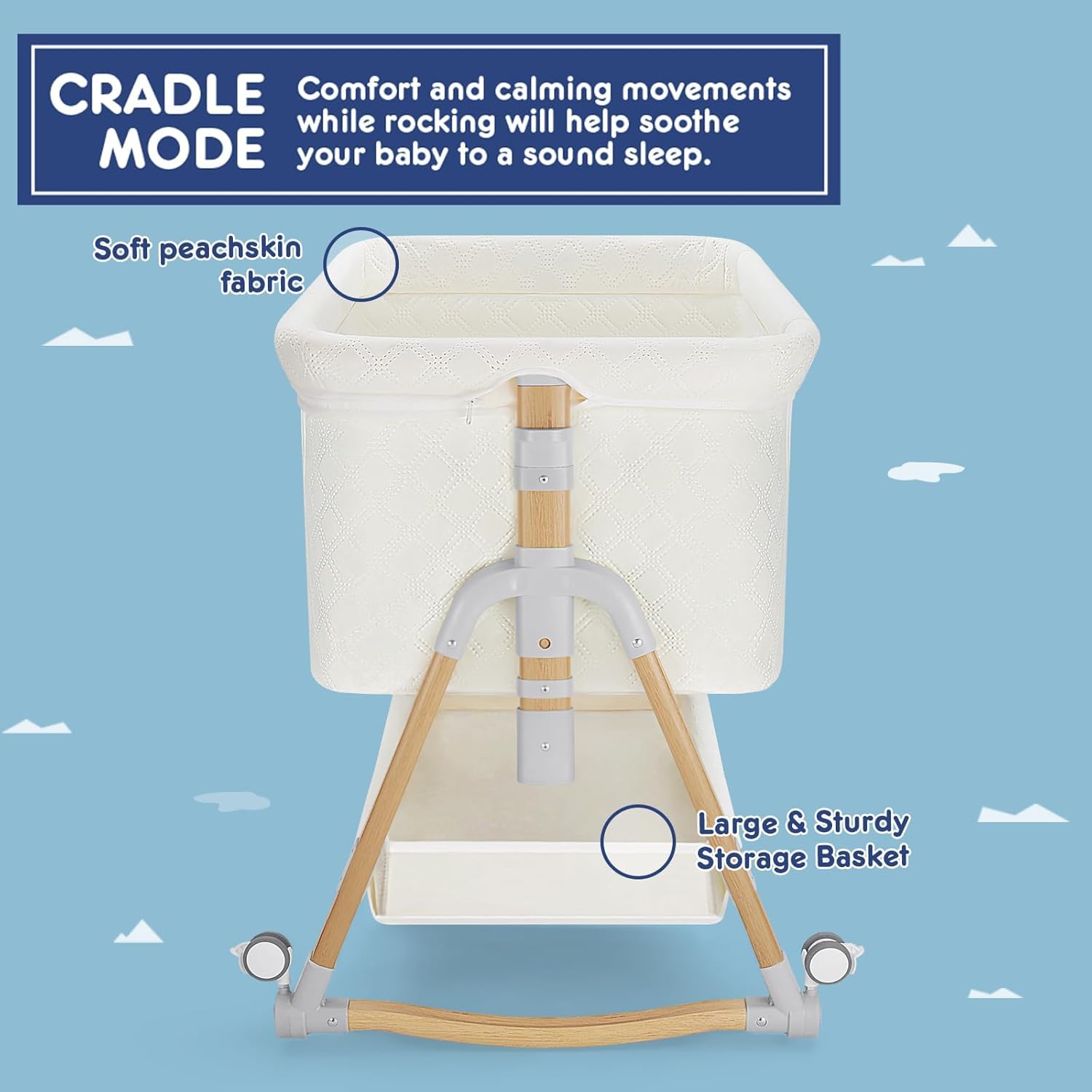 3-in-1 Adjustable Baby Bassinet with Mosquito Net & Storage - Portable Bedside Crib for Newborns, 5 Position Height Adjustment & Anchor Strap (White) - Perfect for Nursery, Bedroom & Travel Use