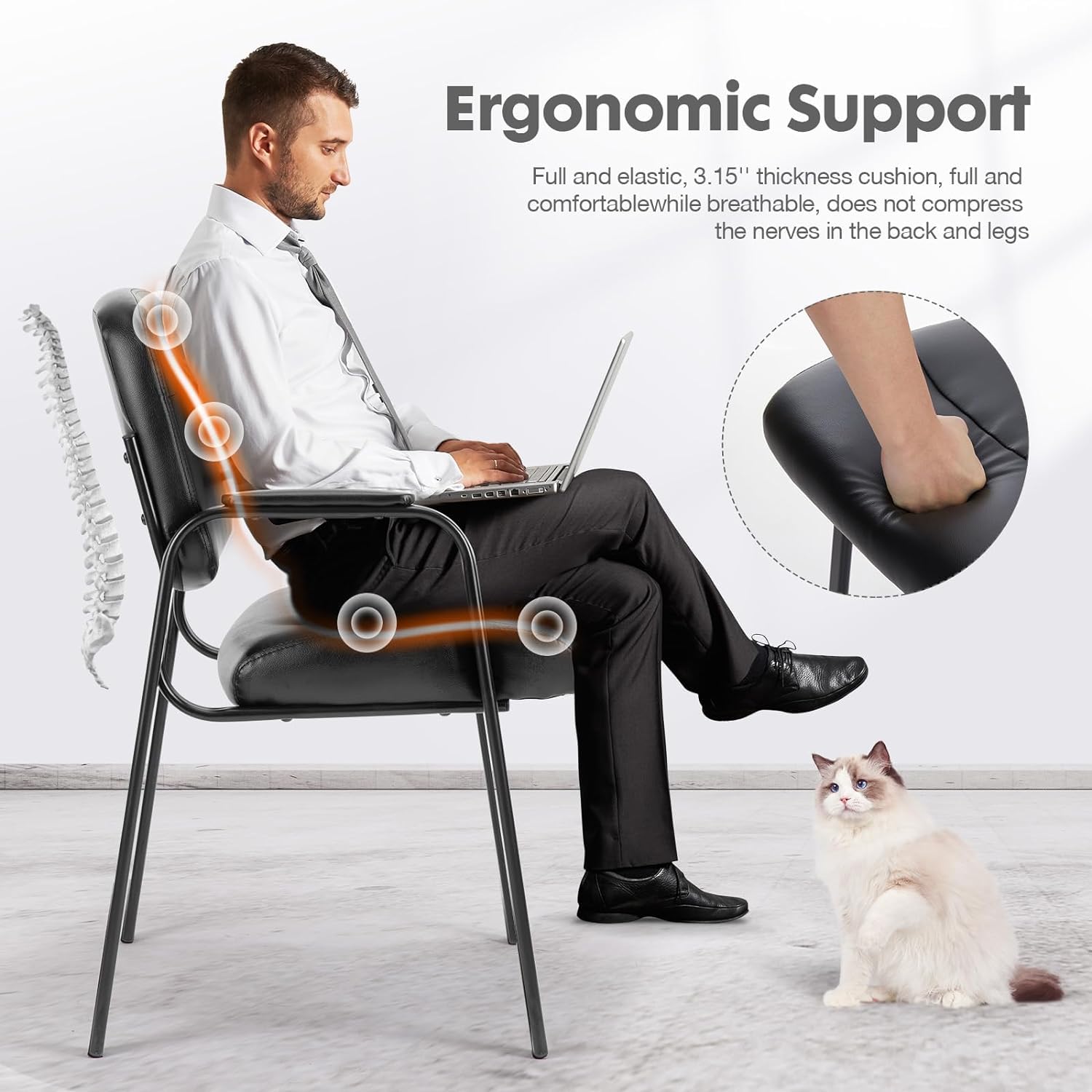 DUMOS 4-Piece Waiting Room Chairs Set with Padded Arms - Genuine Leather Office Guest Reception Chairs for Home, Desk, Conference, Lobby, Church, Medical Clinic - Ergonomic Lumbar Support for Elderly & Students - Perfect for Reception Areas, Doctor's Offices & School Waiting Rooms