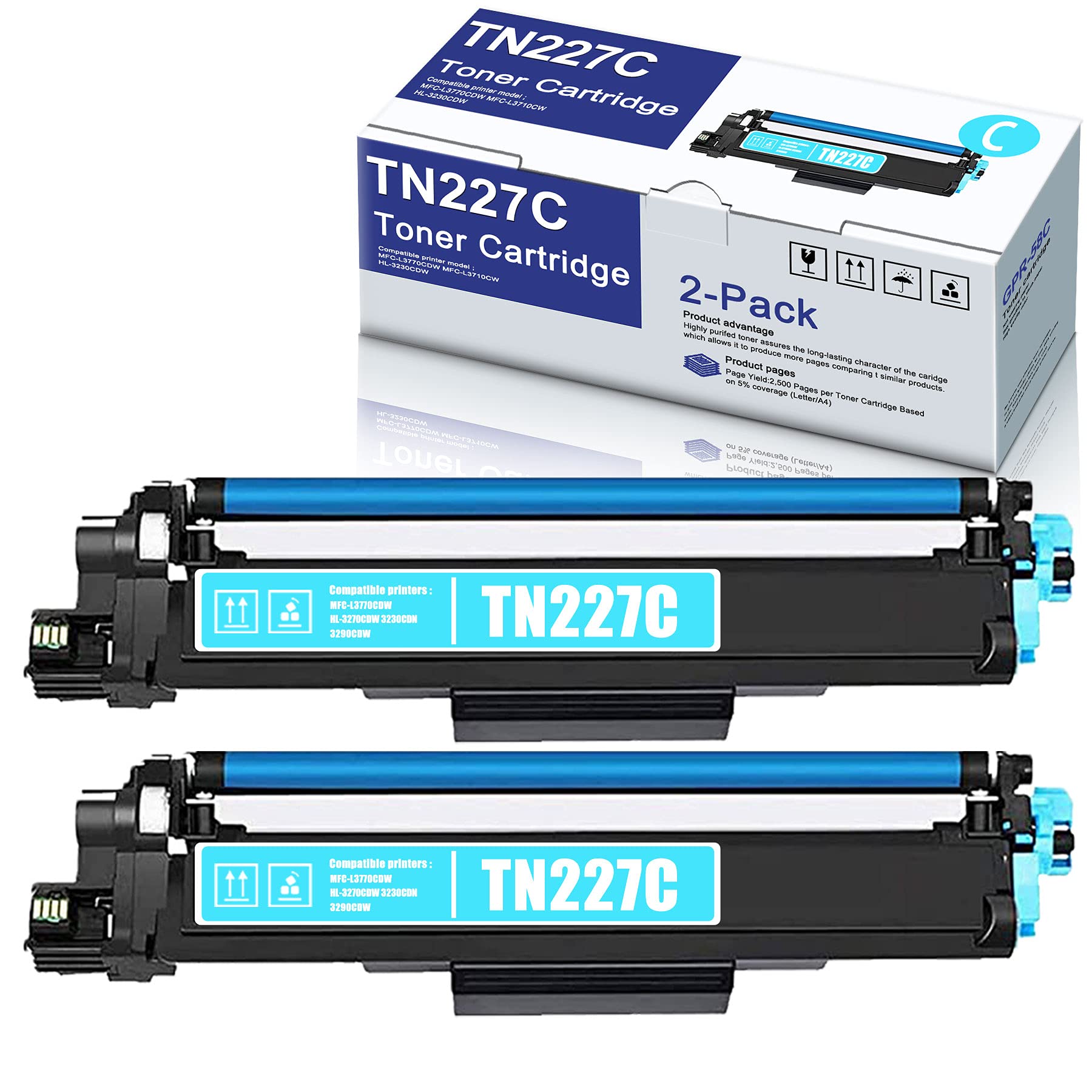 2 Pack TN-227C Compatible Toner Cartridge Replacement for Brother MFC-L3770CDW HL-3210CW 3230CDW 3290CDW Series Printers - High Yield Printing for Office & Home Use