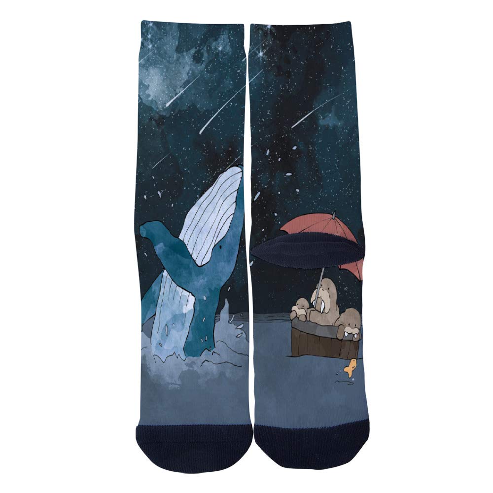 Under the Stars Walrus Family & Blue Whale Art Socks - Men's & Women's Casual Crew Socks - Custom Creative Novelty Socks for Gifts, Cosplay & Everyday Wear