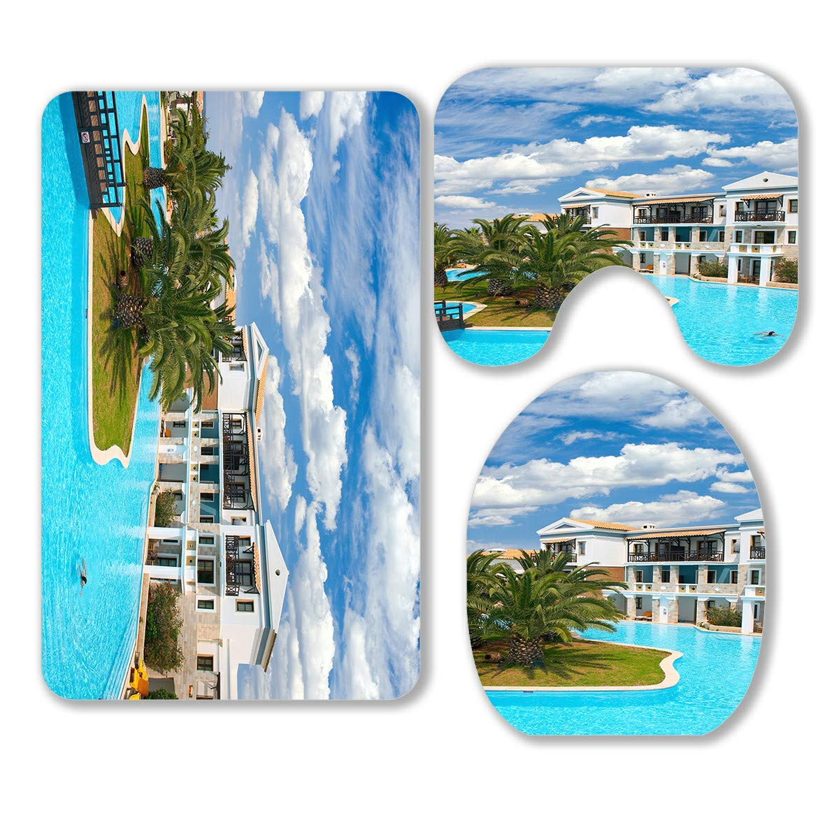 Tropical Resort 3-Piece Bathroom Rug Set - Palm Tree & Girl in Pool Design, Non-Slip Bath Mat, Contour Mat & Toilet Lid Cover - Perfect for Beach House, Vacation Home & Tropical Themed Bathrooms