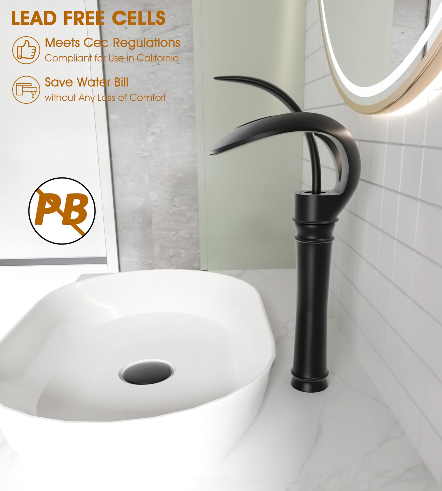 AUU Matte Black Waterfall Single Hole Bathroom Sink Faucet - Solid Brass Tall Vessel Faucet with Pop-Up Drain & Supply Line - Perfect for Modern Vanities & Luxury Bathroom Renovations (Black, Tall)