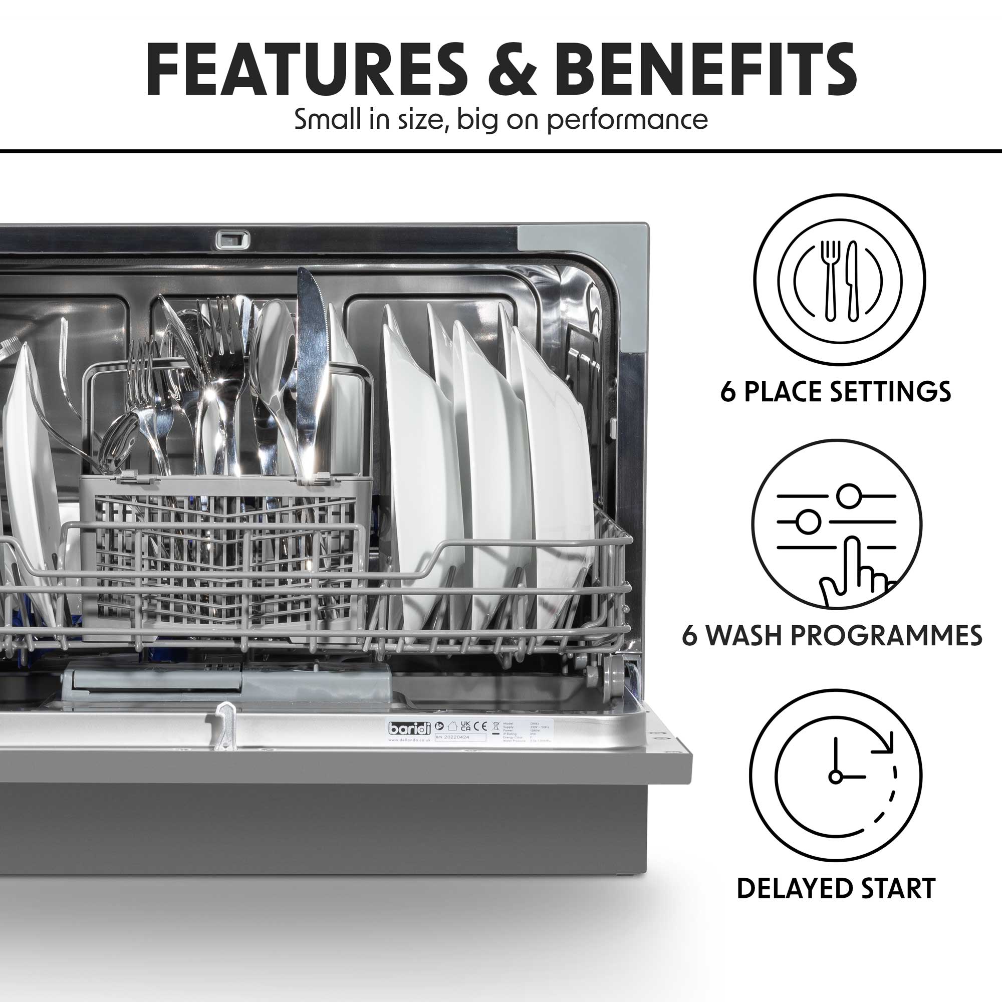 Baridi Compact Tabletop Dishwasher - 6 Place Settings, 6 Wash Programs, Ultra Quiet (42dB), 6.5L Capacity in Sleek Silver (Model DH84) | Perfect for Small Kitchens, Apartments, Dorms & RVs