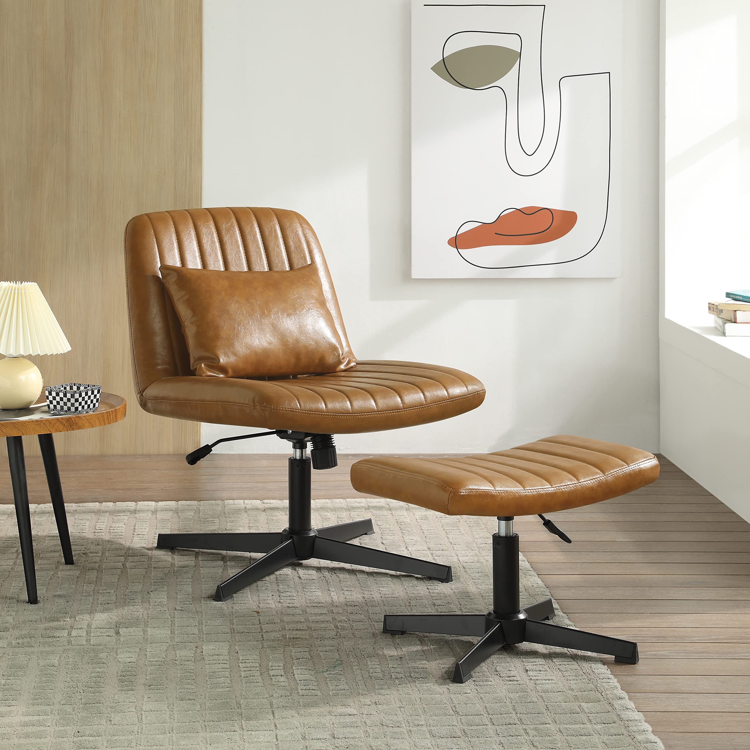 Zouron 360° Swivel Accent Chair with Ottoman - Adjustable Height PU Leather Modern Club Chair, Upholstered Leisure Chair with Black Metal Legs for Office, Bedroom & Living Room - Brown | Perfect for Home Office, Reading Nook & Lounge Areas