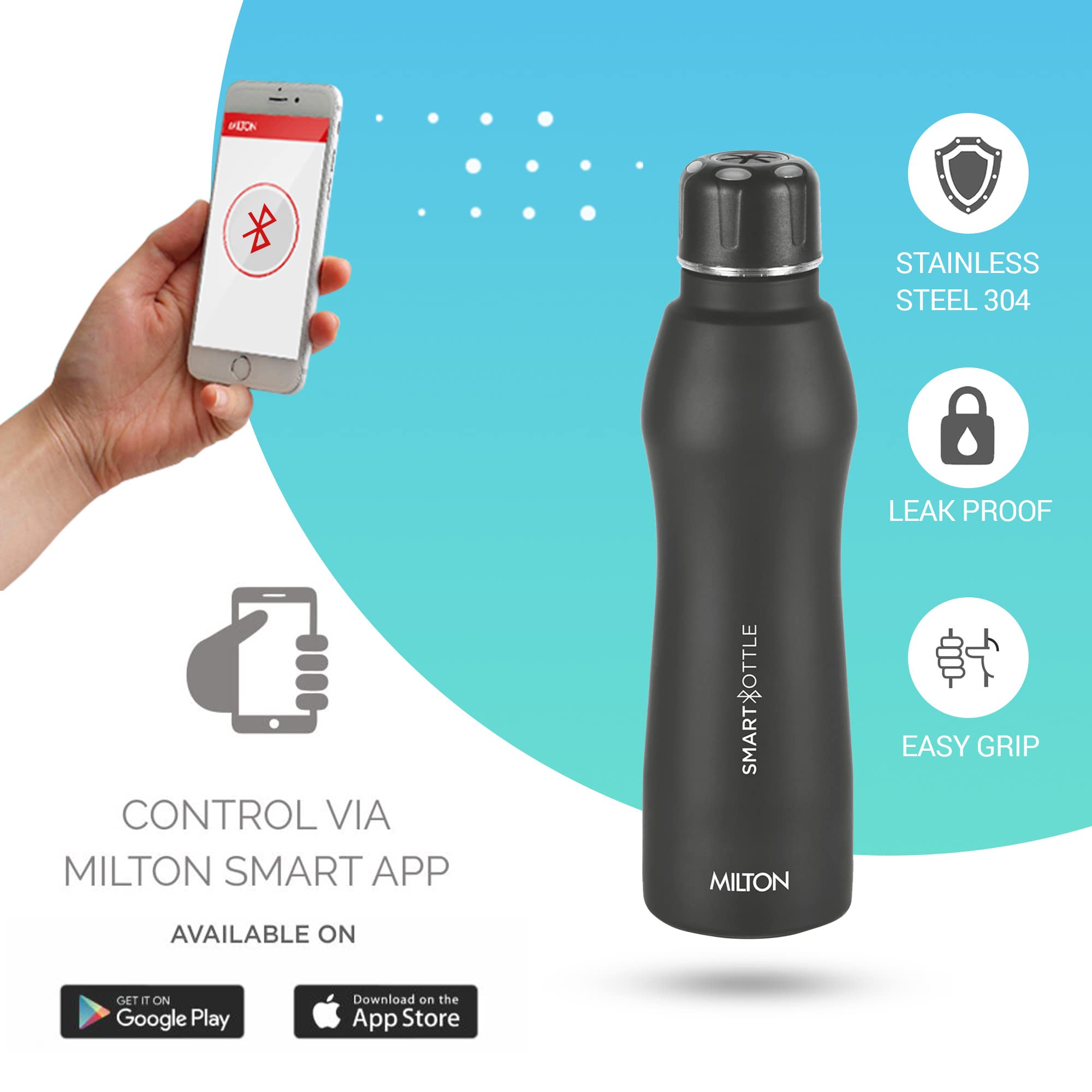 MILTON Euroline Smart Stainless Steel Water Bottle 880ml - Leak Proof, Bluetooth Enabled with Smart Lid - Perfect for Gym, Hiking & Office Use - Black