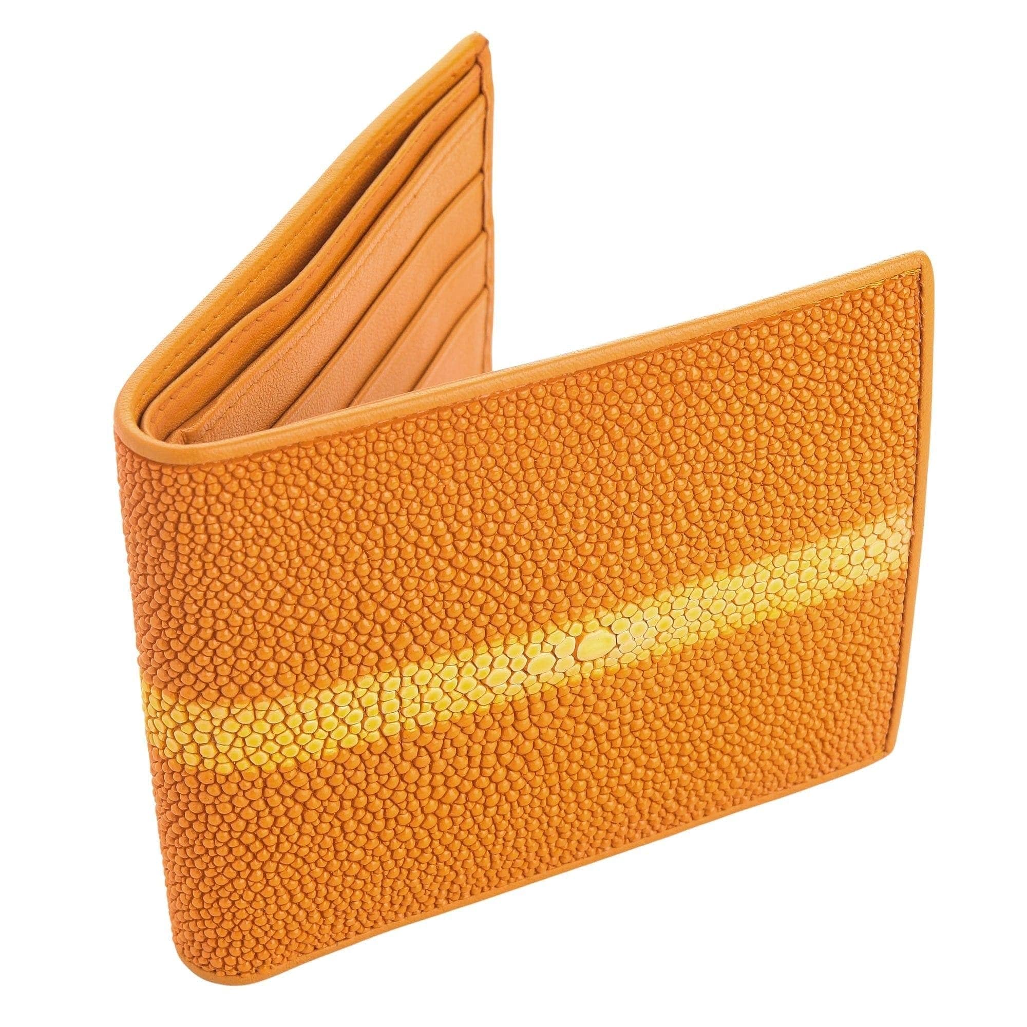 Genuine Orange Stingray Skin Leather Wallet for Men - Slim RFID Blocking Bifold Wallet with Money Clip - Perfect Gift for Dad, Husband, Boyfriend (Business, Travel, Everyday Use)