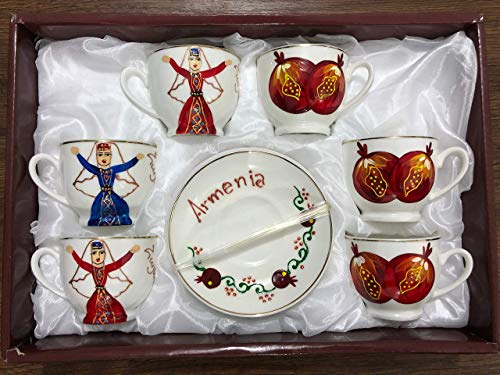 **Handmade Armenian Ceramic Coffee Cups - Traditional Tea Bowls with National Dancer & Pomegranate Design - Set of 6 - Perfect for Turkish Coffee, Tea Ceremonies & Cultural Gift Giving**