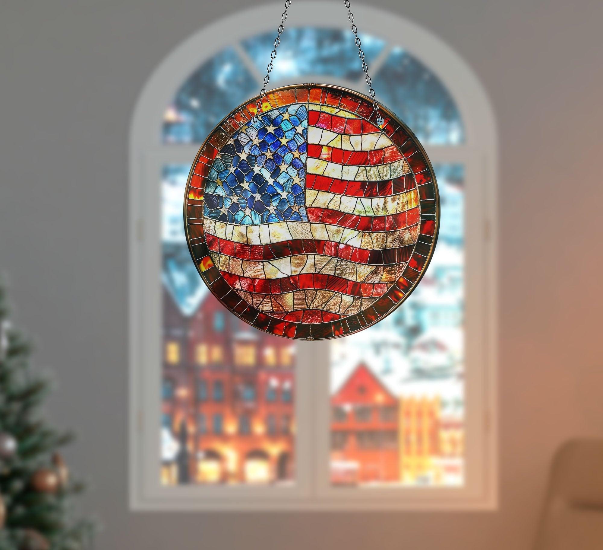 American Flag Suncatcher - Patriotic Window Decor for Home & Office - Perfect for Independence Day, Memorial Day & Veterans Day Celebrations