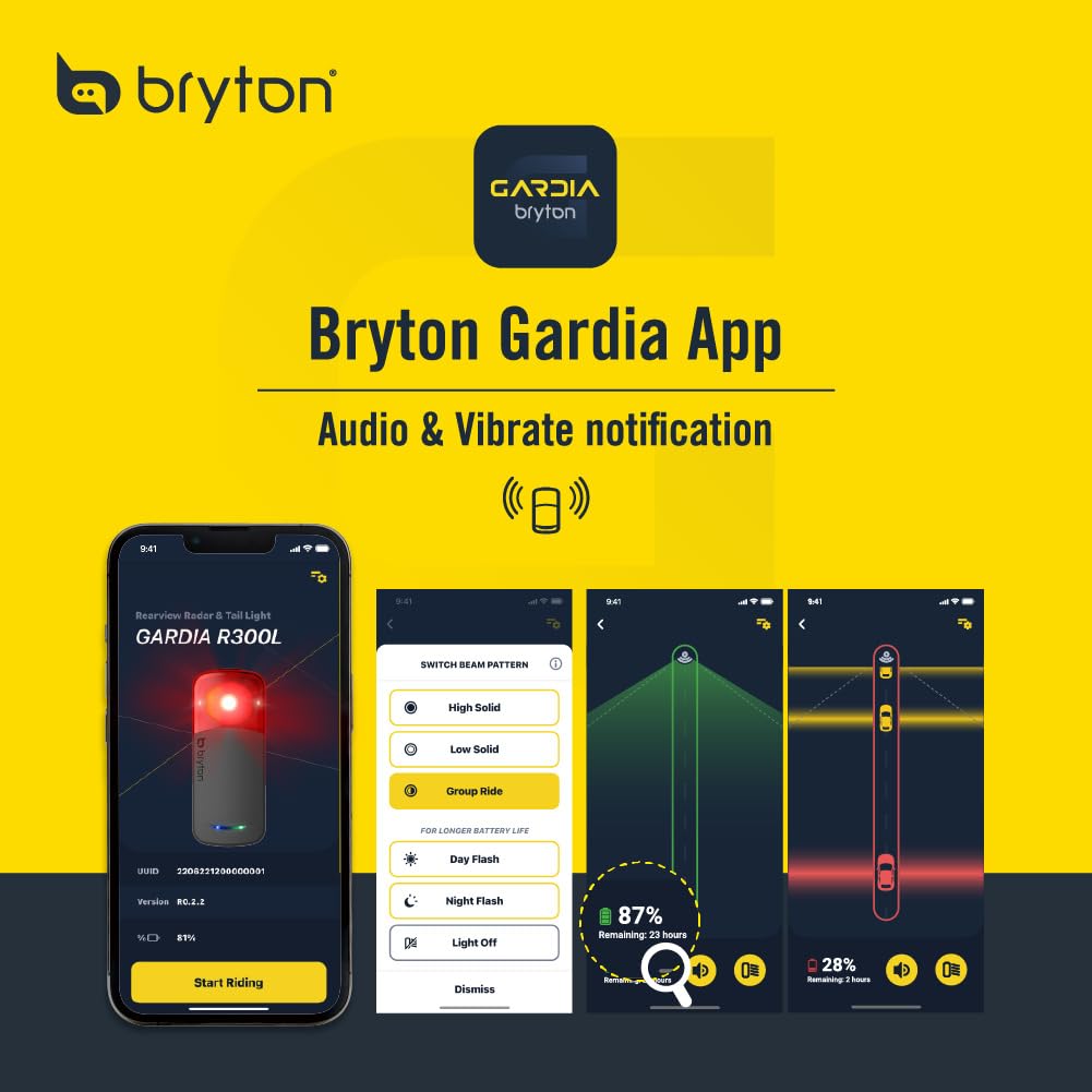 Bryton GARDIA R300L Bike Radar Tail Light - 207 Yards Vehicle Detection, Visual & Audible Alerts, IPX7 Waterproof, 220° Viewing Angle, APP Compatible for Road Cycling Safety