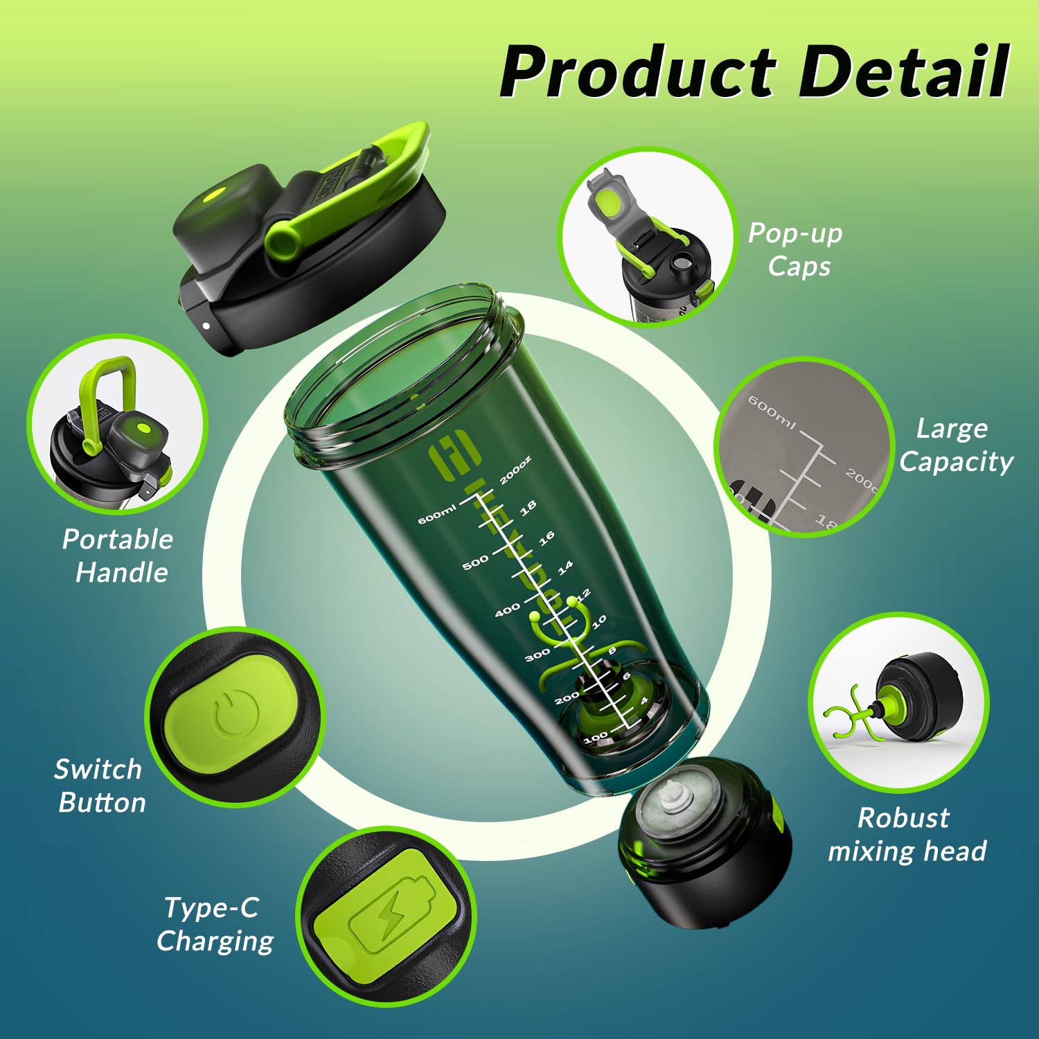 HeaDot Electric Protein Shaker Bottle 24oz - Rechargeable USB-C Blender Cup for Protein Powder & Supplements - BPA-Free Tritan Material - Perfect for Gym, Workout & Post-Training Recovery (Green)