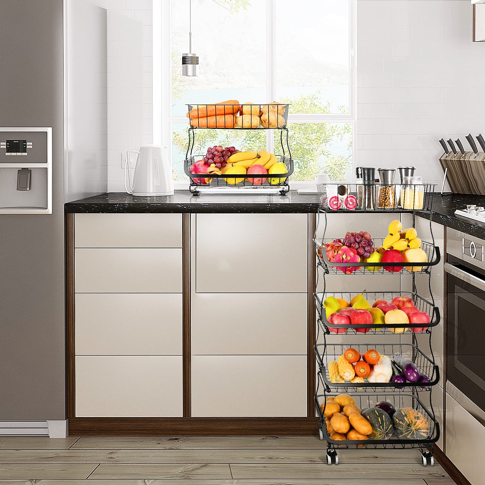 5-Tier Stackable Metal Wire Storage Basket with Wheels - Fruit & Vegetable Organizer for Kitchen, Pantry, Bathroom - Perfect for Fresh Produce Storage, Grocery Organization, and Home Decor