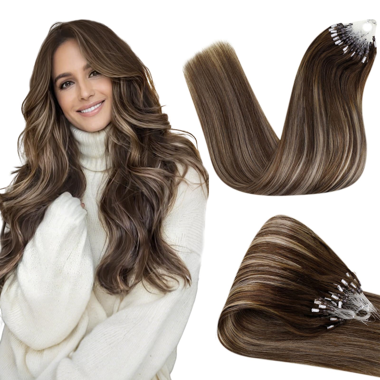 Hetto Micro Link Hair Extensions - 100% Real Human Hair, Balayage Dark Brown to Ash Brown Mix, Straight 14in 50g (50 Strands) - Seamless Blending for Everyday Wear & Special Occasions