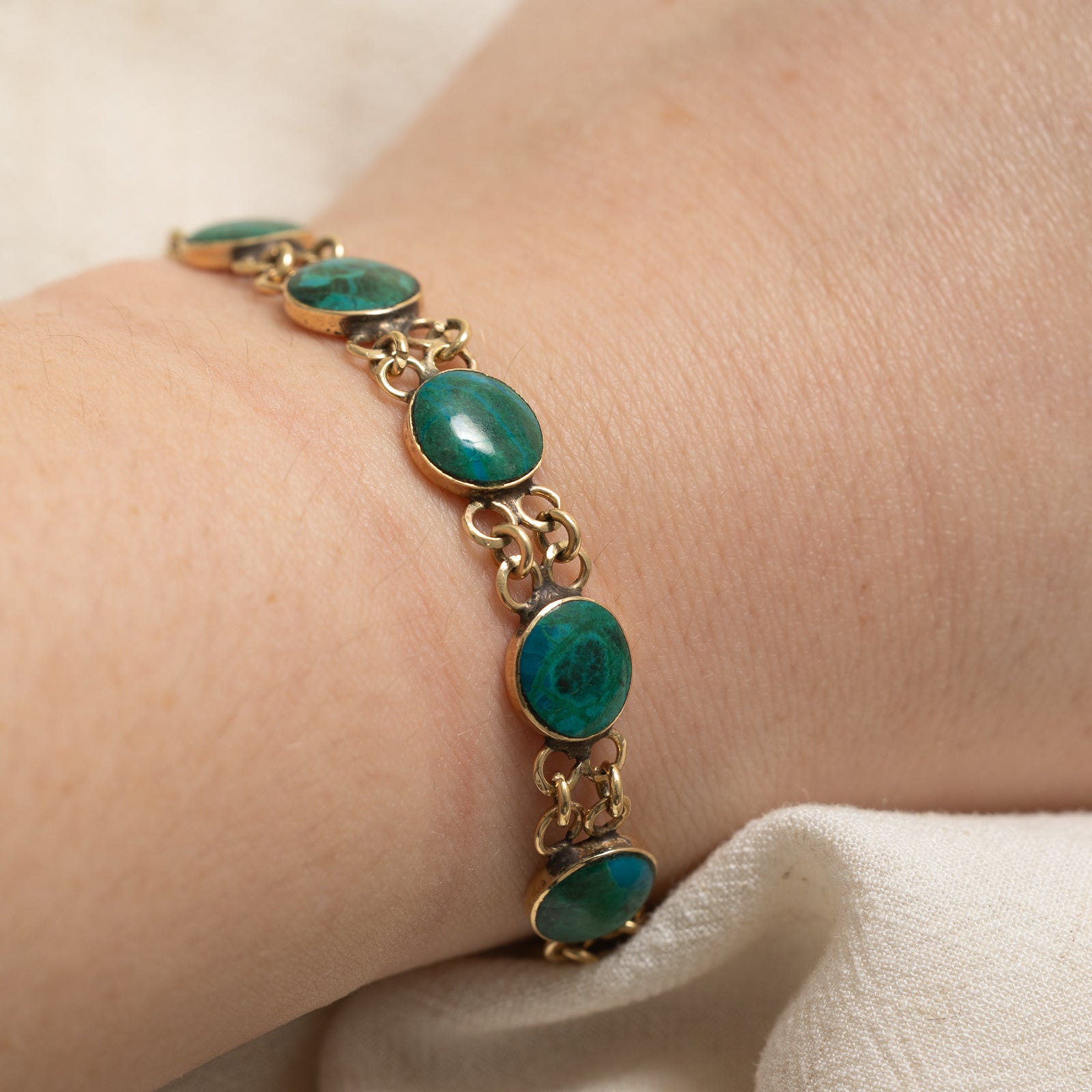 14K Gold Bezel Set Chrysocolla Gemstone Chain Bracelet | 8.25 Carat Total Weight | 6.75 Inches | Elegant Handmade Jewelry for Women, Gift for Birthday, Anniversary & Special Occasions