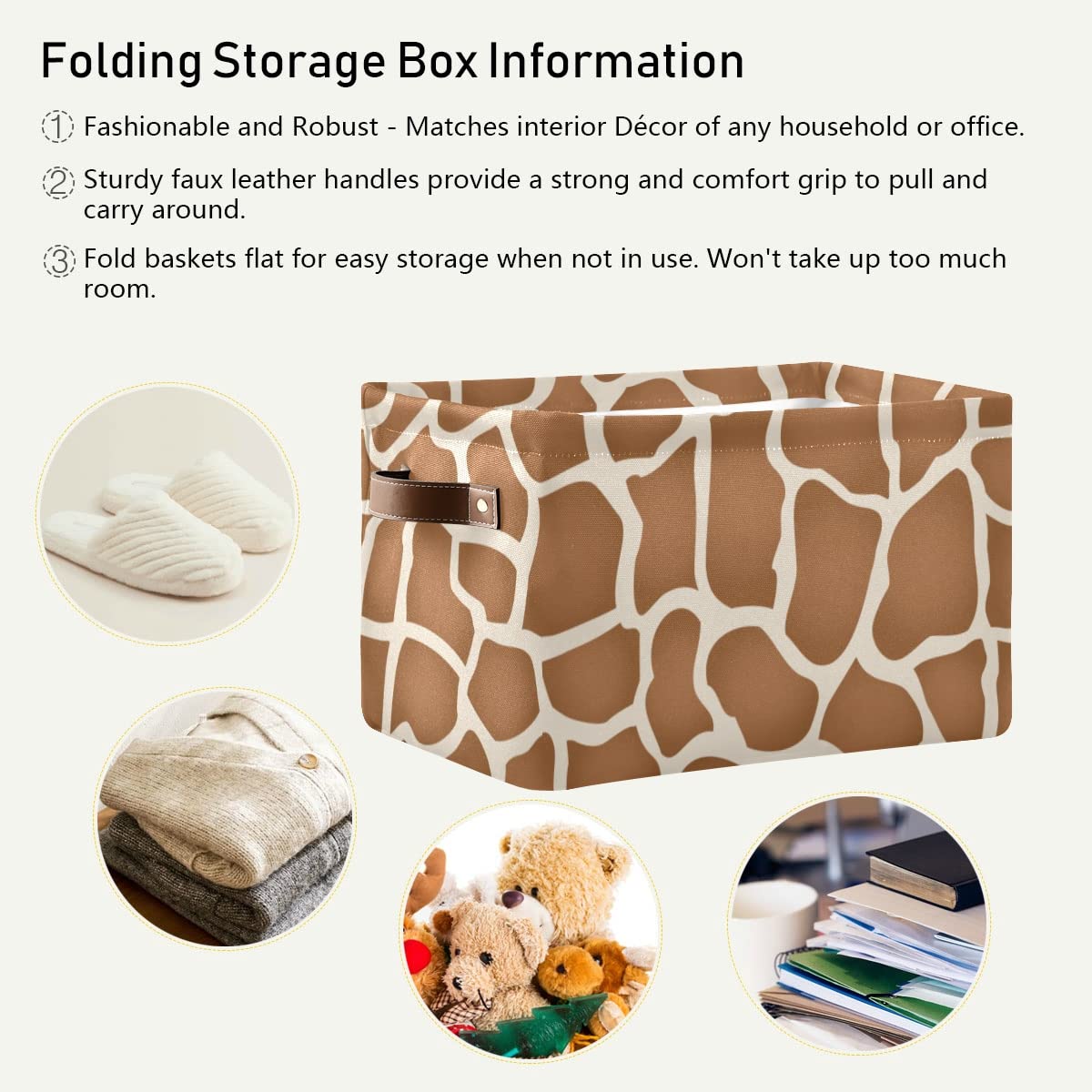 Collapsible Waterproof Canvas Storage Basket with Handles - Giraffe Print Rectangle Bin for Nursery Toys, Books & Home Organization | Perfect for Closet, Shelves, Bedroom & Living Room Storage Solutions