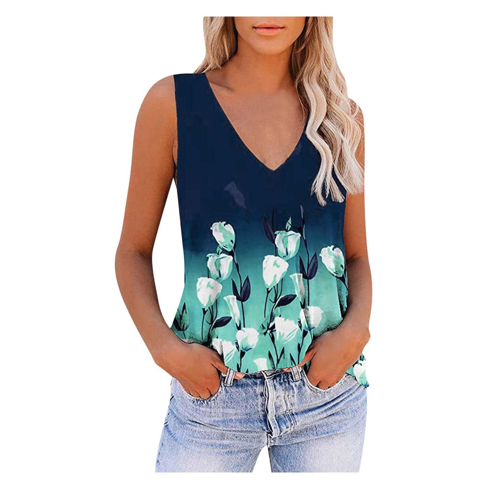 FABUIRT Women's Summer Sleeveless V-Neck Tie Dye Tank Top - Cute Casual Workout T-Shirt for Yoga, Gym, Beach & Everyday Wear