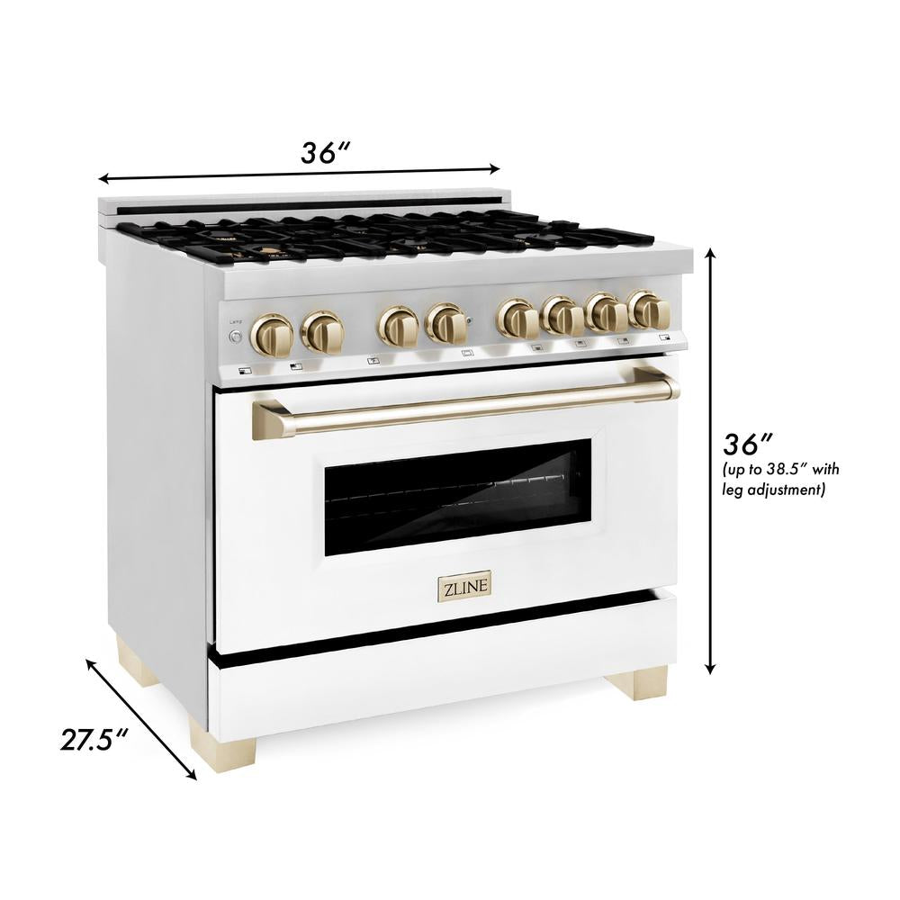 ZLINE Autograph Edition 36-inch Stainless Steel Dual Fuel Range with White Matte Door, Range Hood & Dishwasher - Gold Accents | Professional Kitchen Package for Modern Homes & Chef-Inspired Cooking
