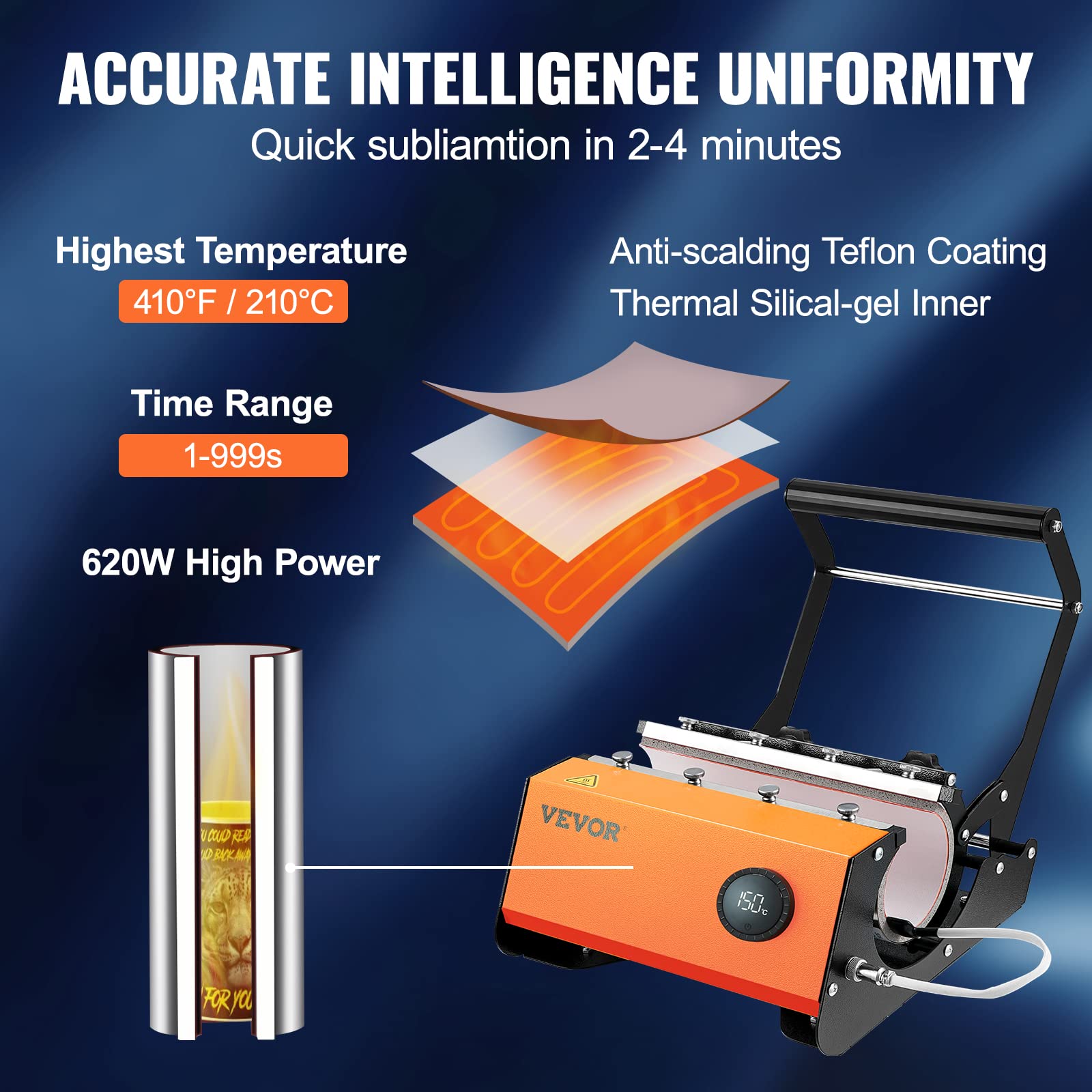 VEVOR Tumbler Heat Press Machine for 20oz-30oz Straight & 11-16oz Skinny Tumblers - Mug Press with Sublimation Paper, Heat Tape & Gloves (Orange) - Perfect for DIY Custom Tumblers, Coffee Mugs & Sublimation Crafts