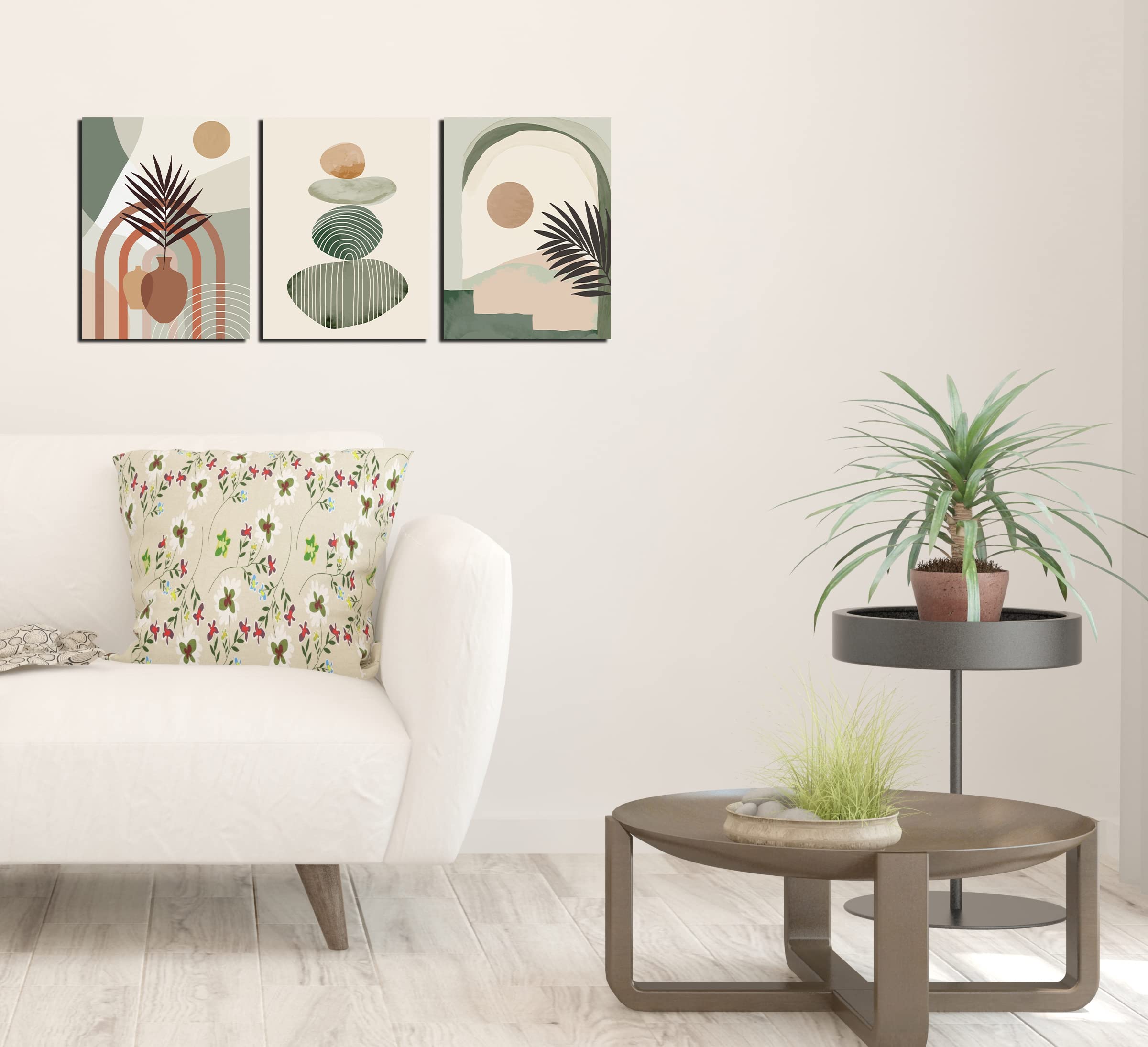 Boho Wall Art Decor Set of 3 - Green Canvas Paintings for Bedroom, Living Room & Office - 16x12 Inch Framed Ready to Hang Abstract Nature Artwork - Perfect for Home Decor, Housewarming Gifts & Interior Design