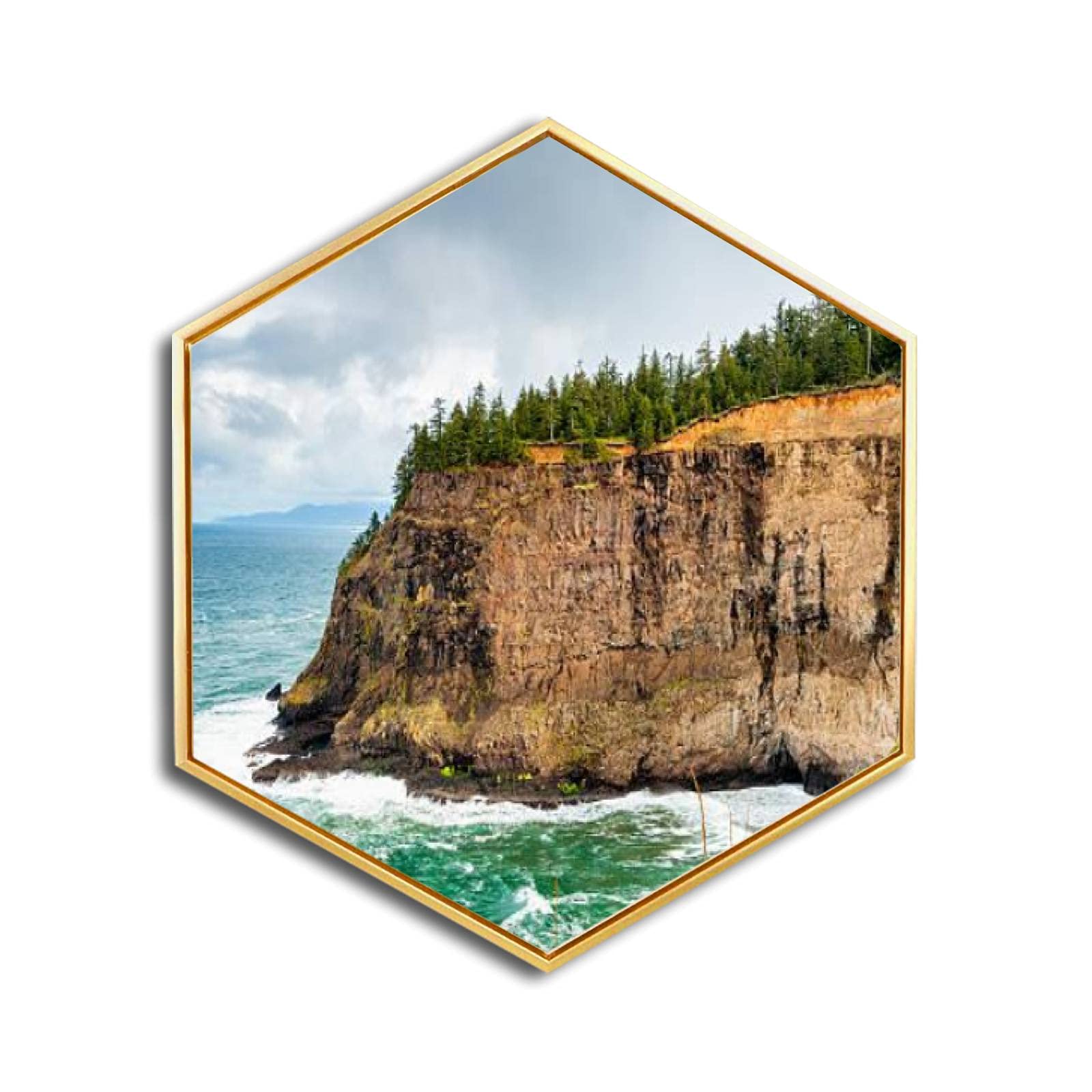 Premium Canvas Wall Art - Cape Meares Oregon Coast Landscape with Golden Frame | Giclee Print Modern Hexagon Wall Decor for Living Room, Bedroom & Office | Ready to Hang Home Decoration