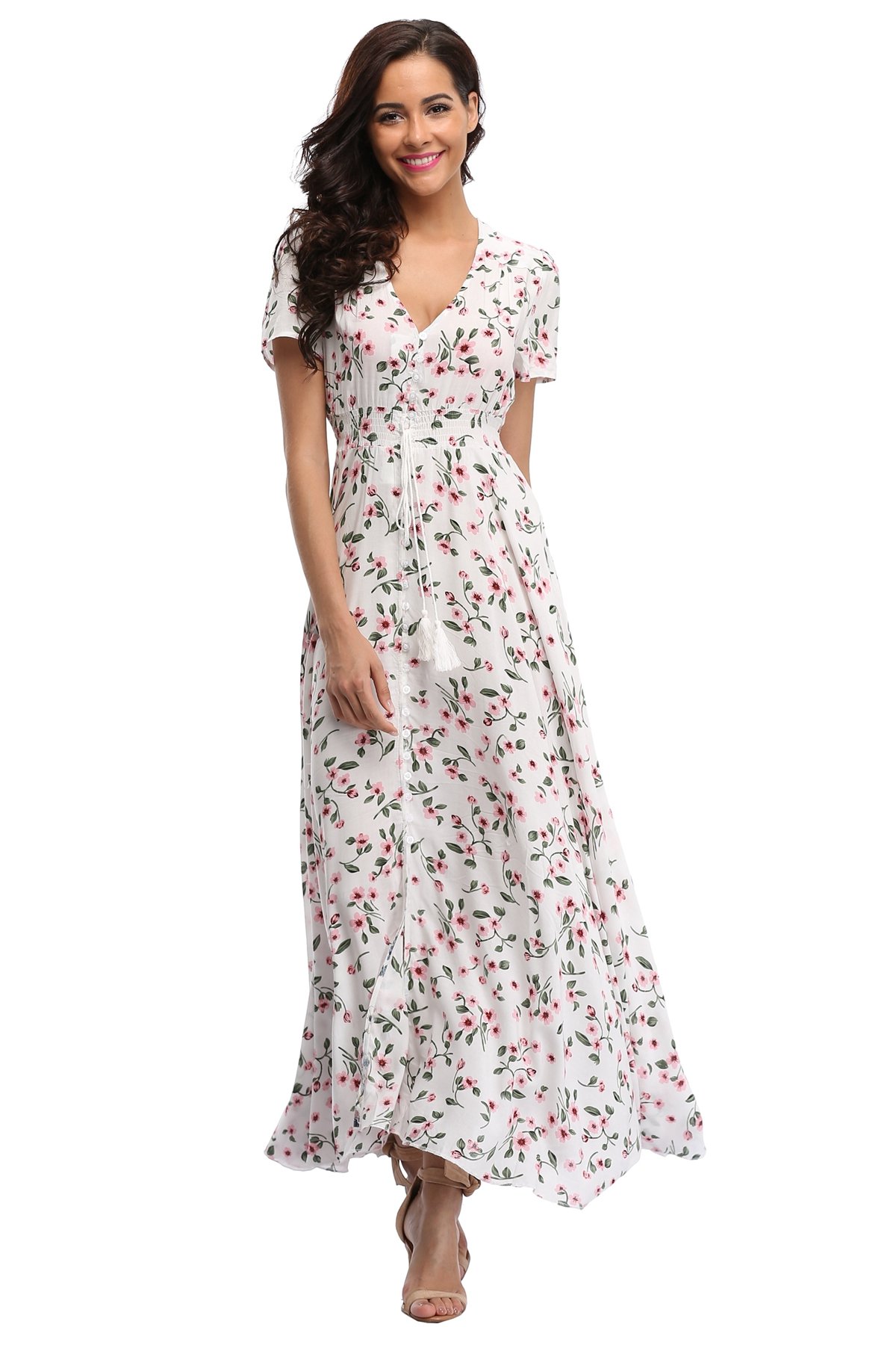 Boho Floral Maxi Dress for Women - Summer Button Up Beach Dress with Side Slit & Flowy Design | Perfect for Beach Parties, Vacations & Outdoor Events