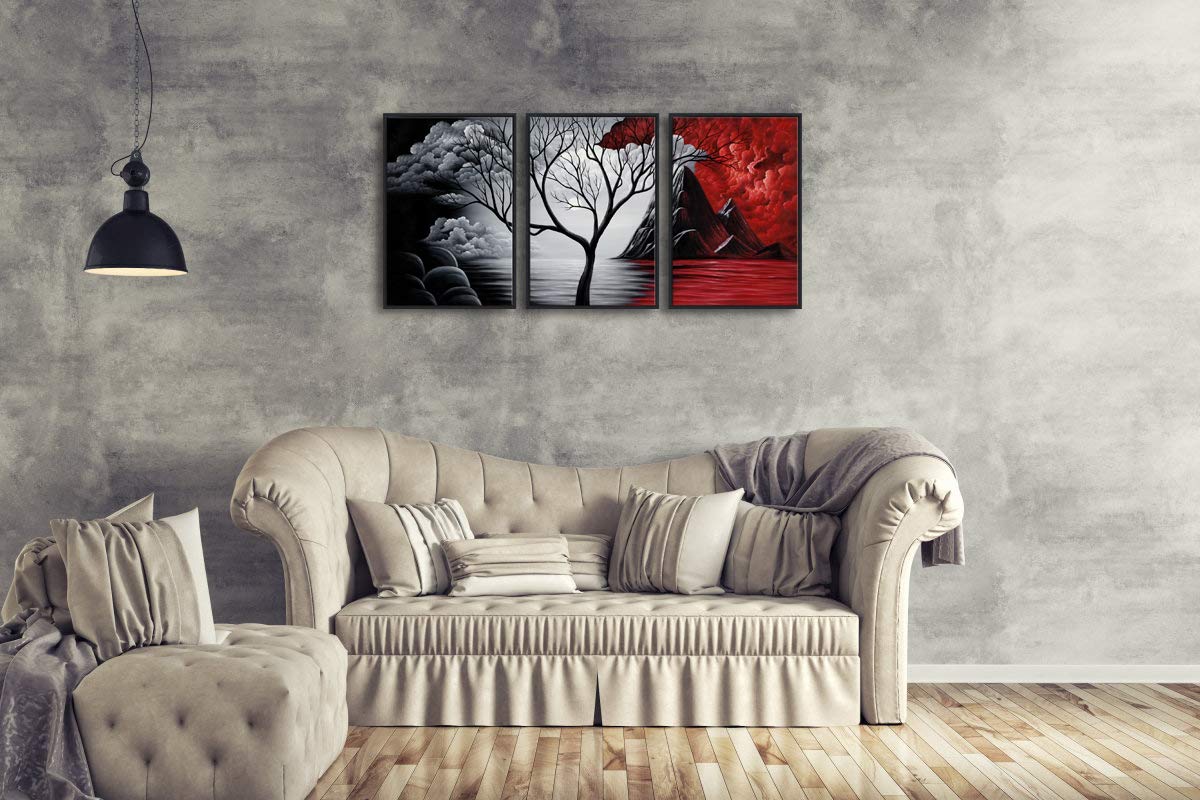 Wieco Art Large Framed Canvas Wall Art - The Cloud Tree Abstract Painting for Bedroom & Office Decor | 3-Panel Contemporary Artwork with Black Frames | Perfect for Living Room, Bedroom & Office Wall Decor
