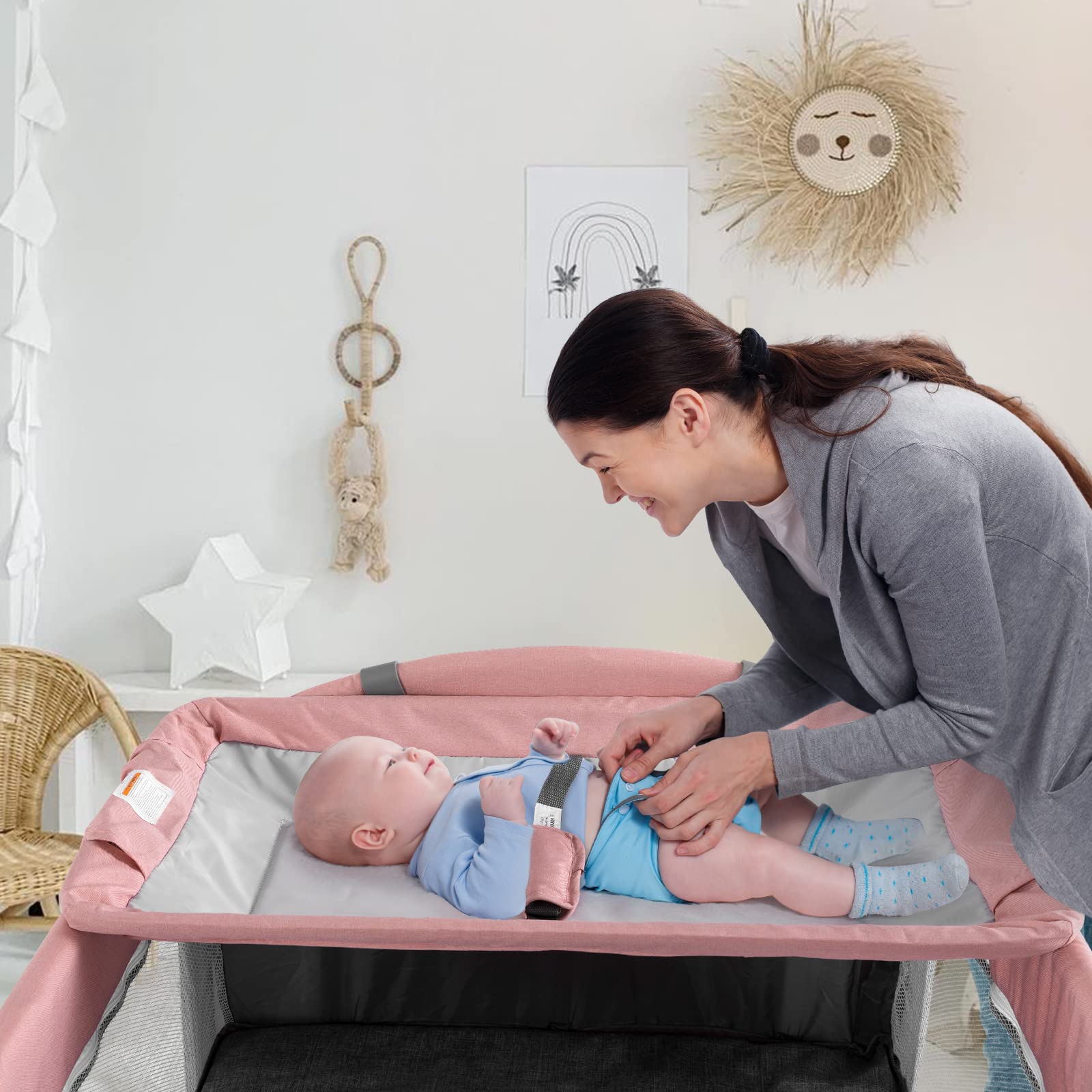 5-in-1 Baby Crib & Bassinet with Changing Table, Portable Travel Bed, Toys & Music Box - Pink Nursery Bedside Sleeper with Mattress for Newborns, Infants, Boys & Girls | Perfect for Home, Travel & Co-Sleeping