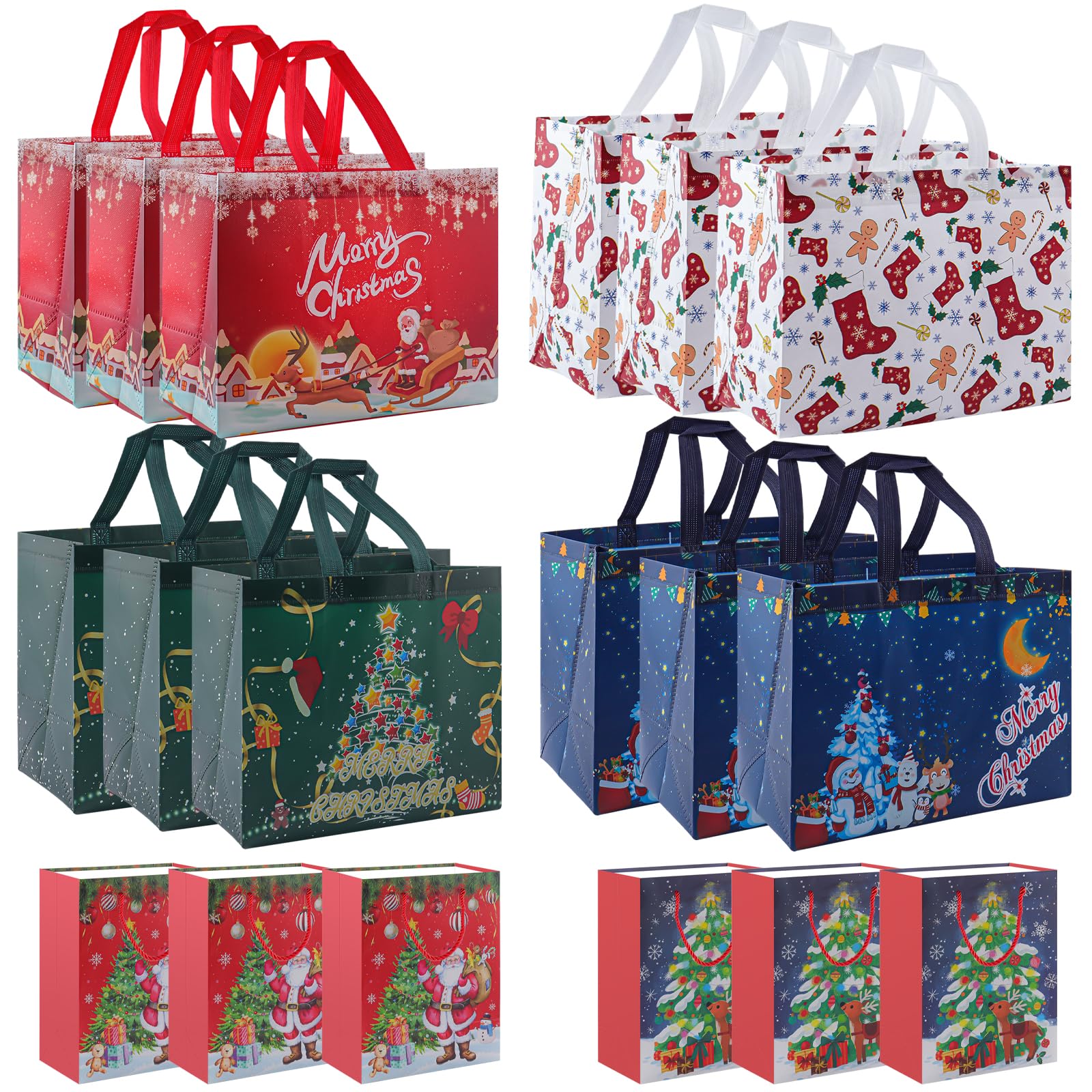 18 Pack Christmas Gift Bags - Assorted Sizes Large Non-Woven Reusable Holiday Tote Bags with Handles for Xmas Presents, Party Favors & Festive Gift Wrapping