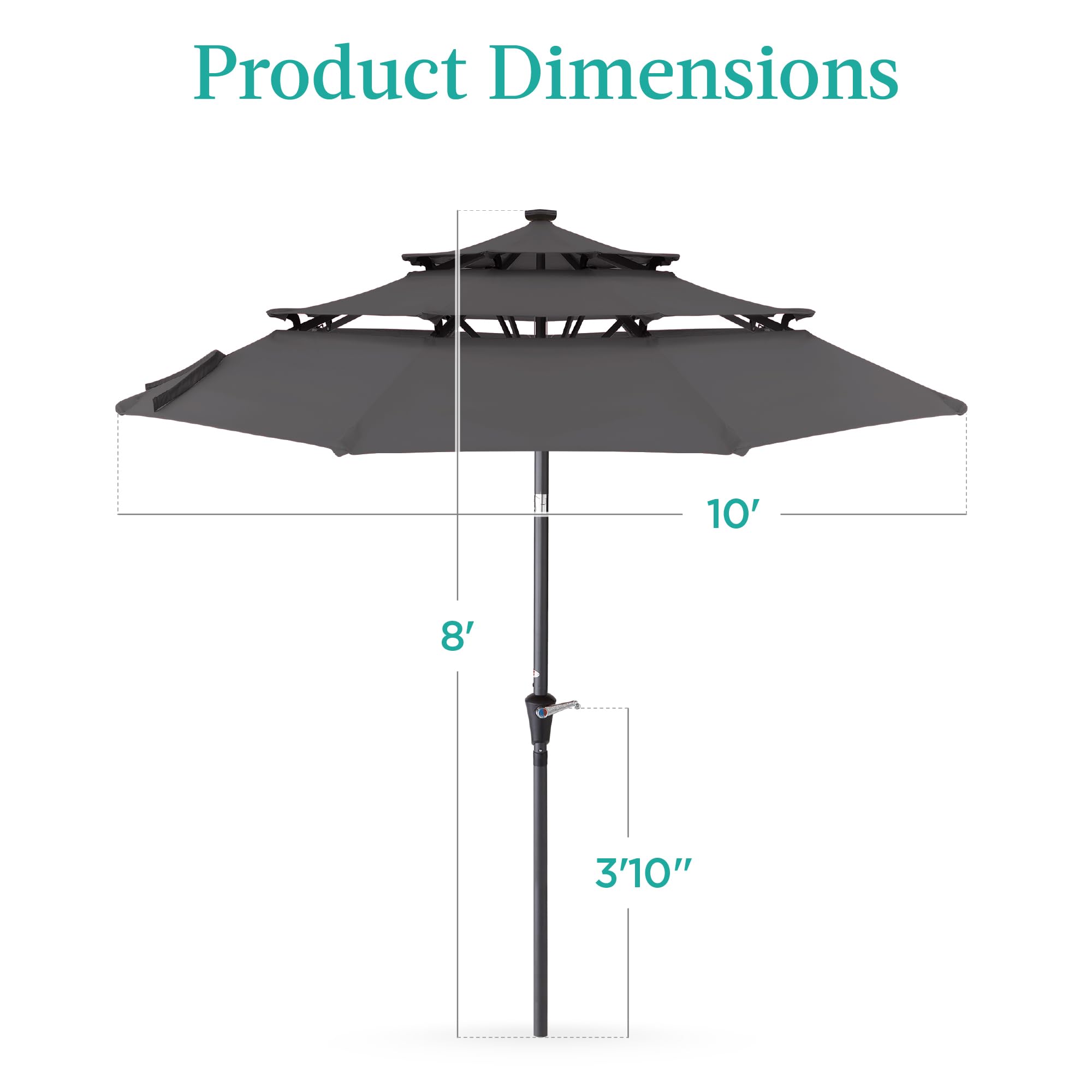 Best Choice Products 10ft 3-Tier Solar Patio Umbrella with LED Lights - Adjustable Tilt, Easy Crank, 8 Sturdy Ribs - Perfect for Backyard, Deck, Poolside & Outdoor Dining (Gray)