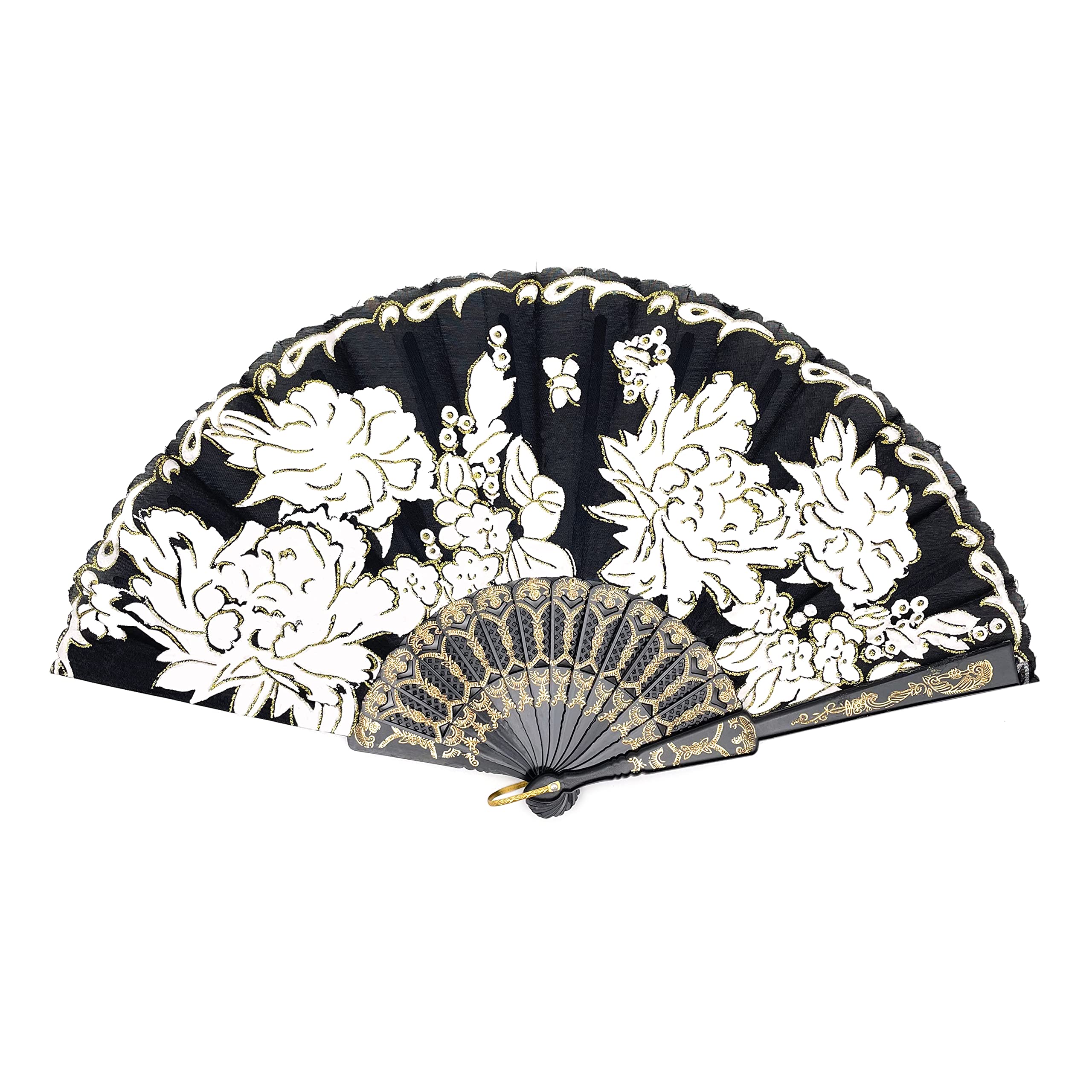 12 Pcs Glitter Floral Pattern Folding Fans - Elegant Black Gold Hand Fans for Wedding Decor, Party Supplies, Dance Performances & Home Wall Decoration - Perfect for Summer Events, Bridal Showers & Table Settings
