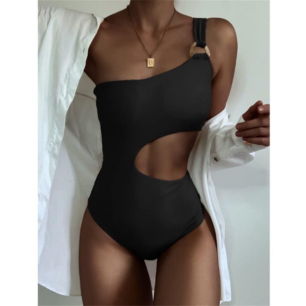 **Women's Sexy One-Shoulder Solid Color One-Piece Swimsuit - Waistless Summer Swimwear Bikini Set (Black, Size L) | Beach, Pool, Vacation Outfit**