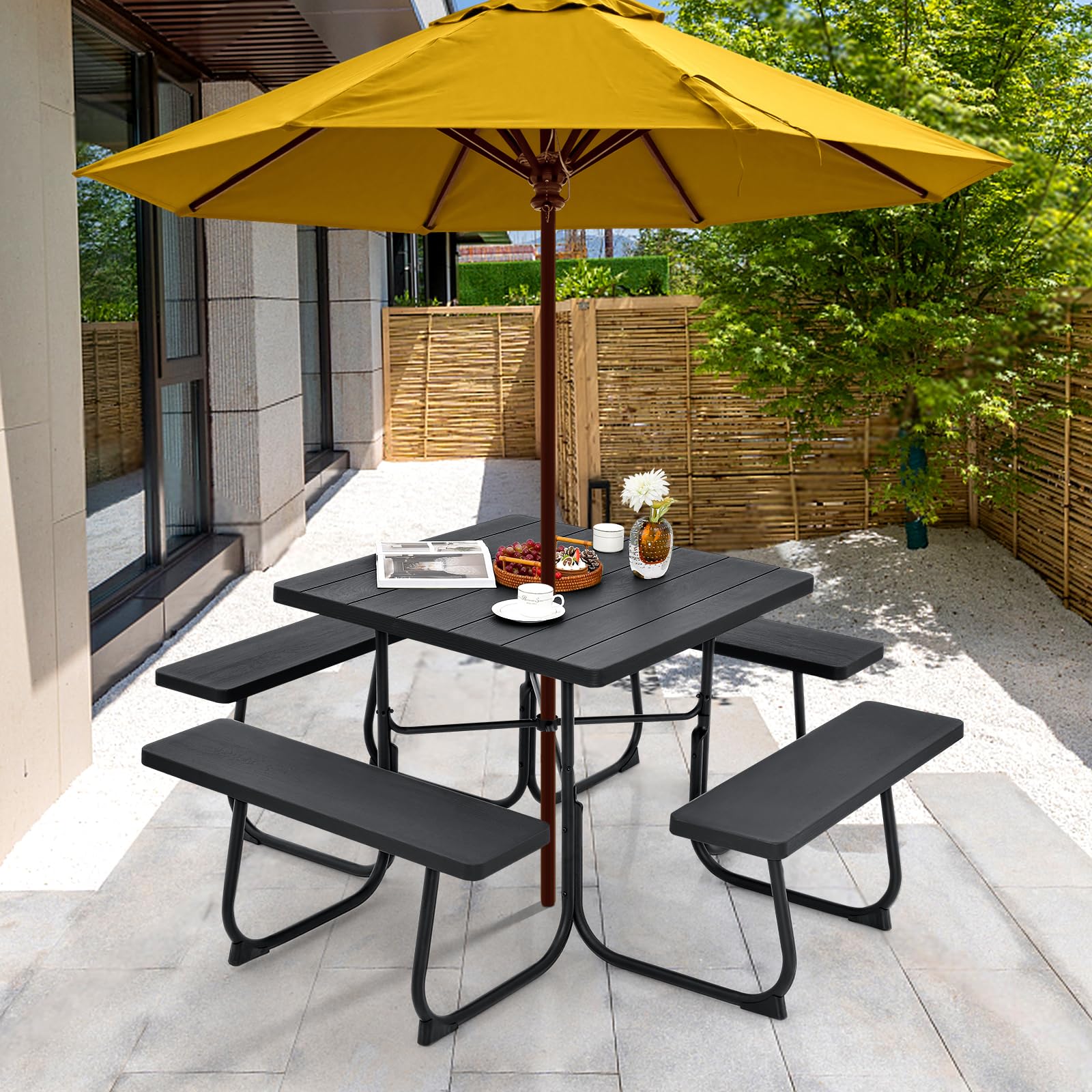 Tangkula 8-Person Outdoor Square Picnic Table with 4 Built-in Benches - Heavy Duty Metal Frame & HDPE Tabletop - Umbrella Hole - Perfect for Garden, Backyard, Patio, Park, Camping & BBQ Parties (Black)