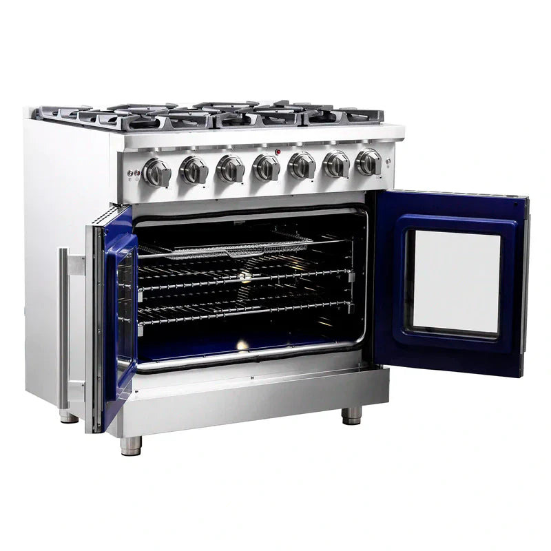 FORNO Massimo 36 Inch Freestanding French Door Gas Range - Stainless Steel Professional Oven with 6 Burners & Convection FFSGS6439 - Perfect for Home Chefs & Large Family Cooking