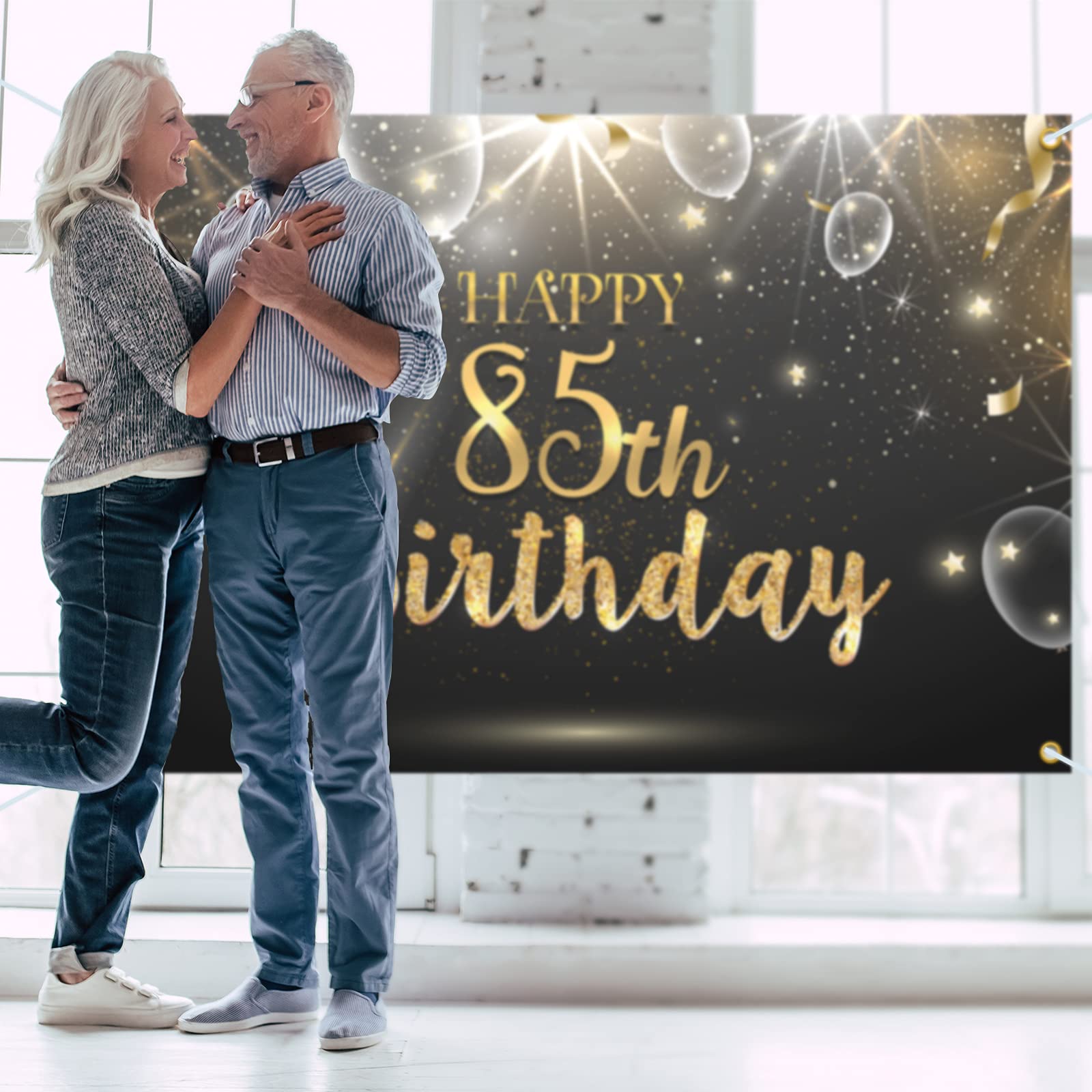 Happy 85th Birthday Glitter Banner - 6x4ft Shining Black Gold Backdrop for Women & Men | 85th Birthday Party Decorations | Perfect for Milestone Celebrations, Anniversaries & Photo Booths