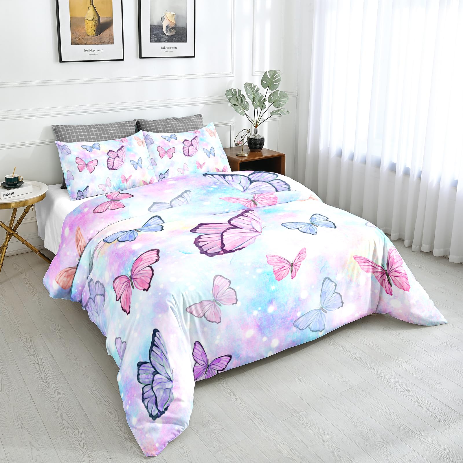 SETWIER Twin Rainbow Butterfly Duvet Cover Set - Pink Floral Kids Bedding 3 Piece Set with 2 Pillowcases | Ultra Soft Breathable Comforter Cover for Boys, Girls & Teens | Perfect for Nursery, Bedroom Decor & Sleepovers