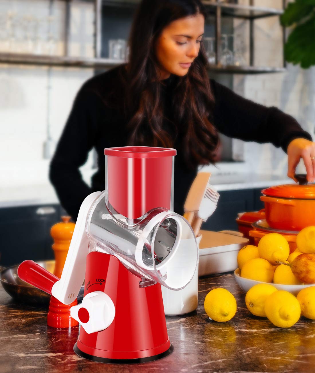 Rotary Cheese Grater Shredder - 3 Interchangeable Blades for Nuts, Carrots, Potatoes & More | Manual Round Mandolin Slicer | Safe Kitchen Grinder for Garlic, Walnuts & Chocolate (Red) | Perfect for Salads, Pasta Toppings & Baking Prep