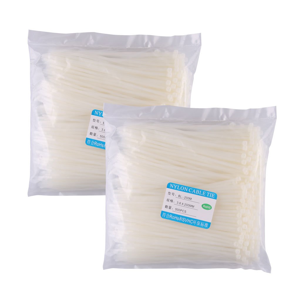 10Gtek 8-Inch White Nylon Self-Locking Cable Ties - 1000pcs Bulk Pack for Home, Office & Industrial Wire Management, Organizing Cords & DIY Projects