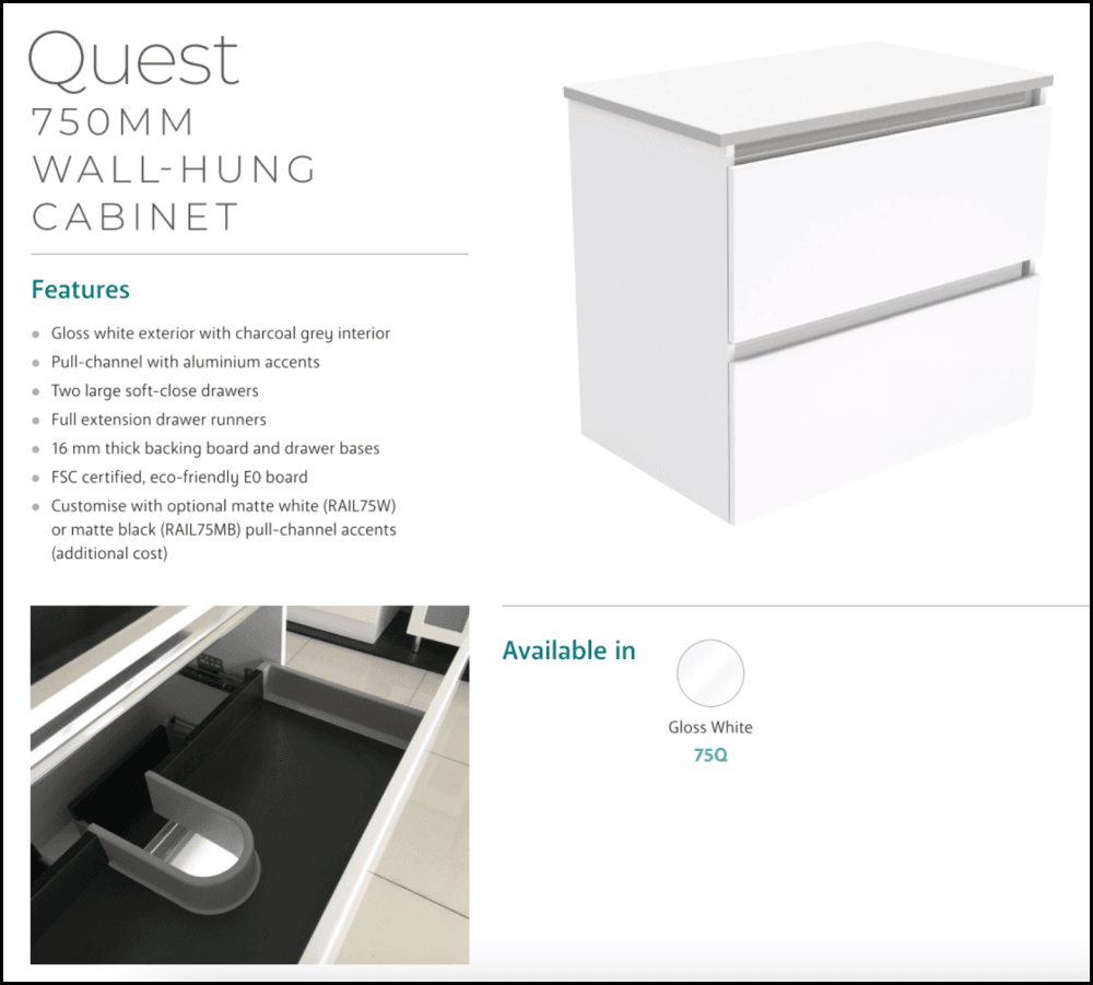 Fienza 750mm TCLB75Q Dolce Matte Black Wall-Mounted Bathroom Vanity with Sink - Modern White Finish for Small Spaces, Powder Rooms & Guest Bathrooms