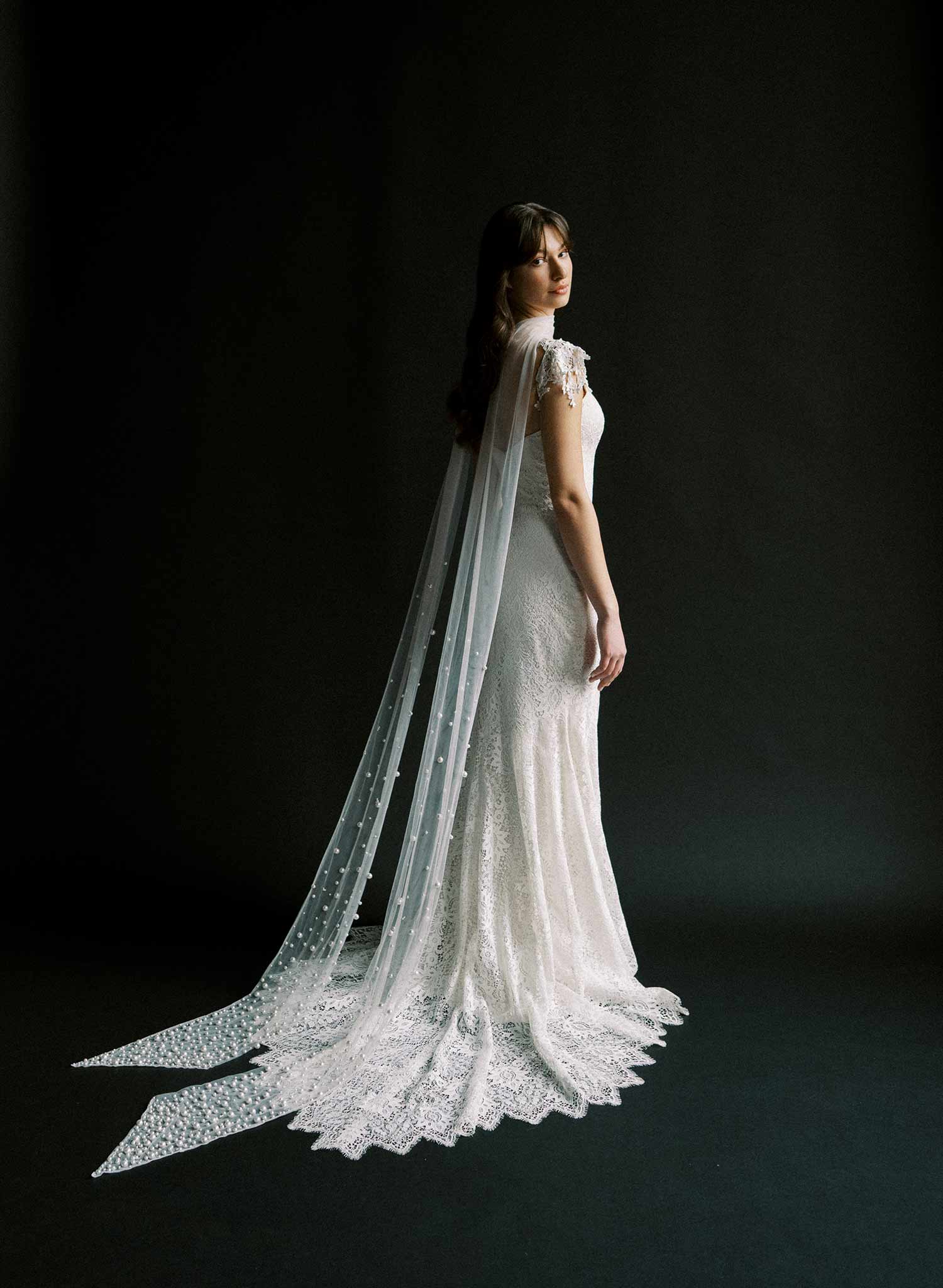 Elegant Mixed Pearl Embroidered Wedding Veil - Chapel Length Bridal Scarf (Style #2577) | Perfect for Church Ceremonies & Romantic Photoshoots
