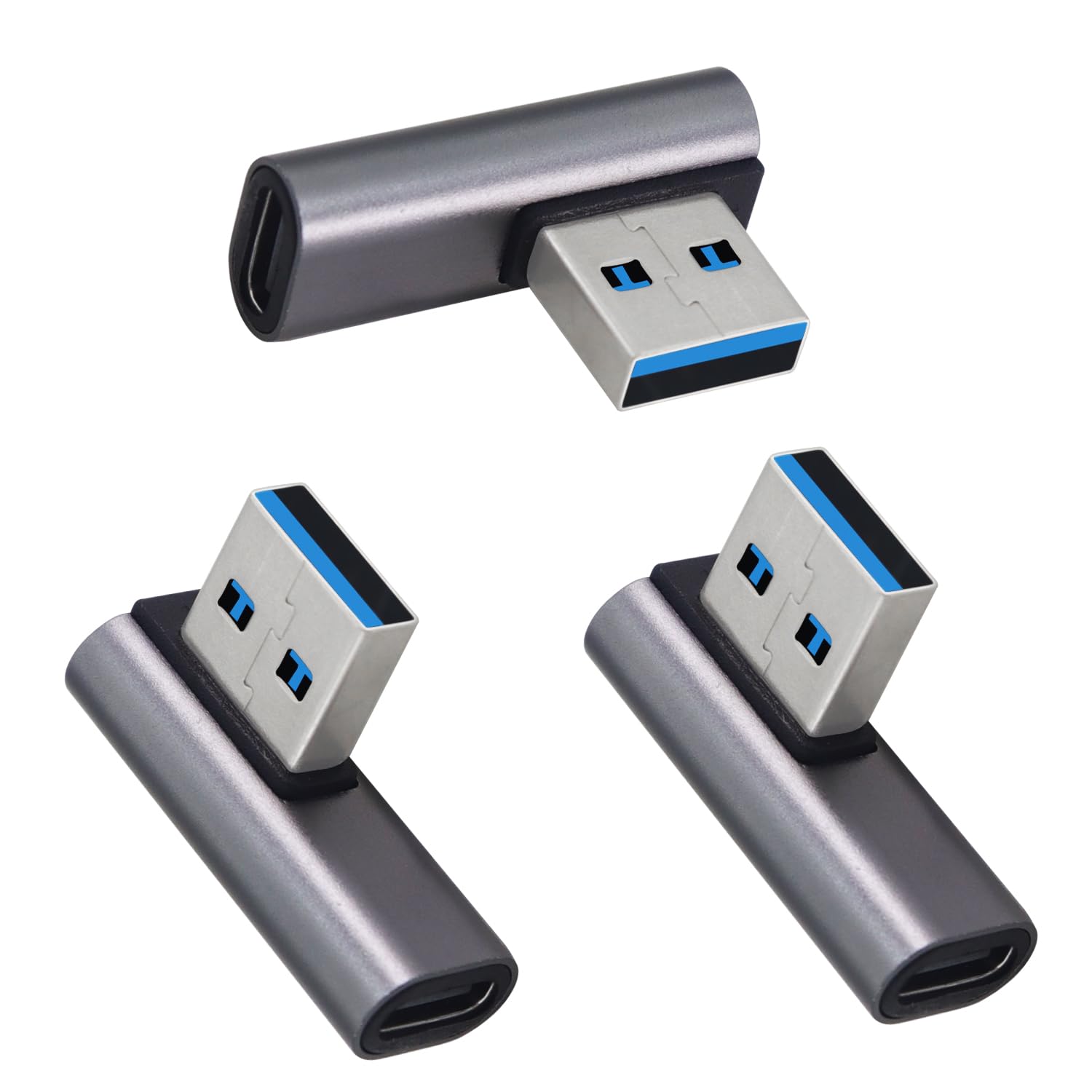 10Gbps USB 3.1 to USB C Adapter 90 Degree - 3 Pack OTG Data Transfer Converter for Laptop, Tablet, Smartphone - Fast Charging & File Sync (Silver USB A Male to Type C Female) - Perfect for Office, Travel & Home Use