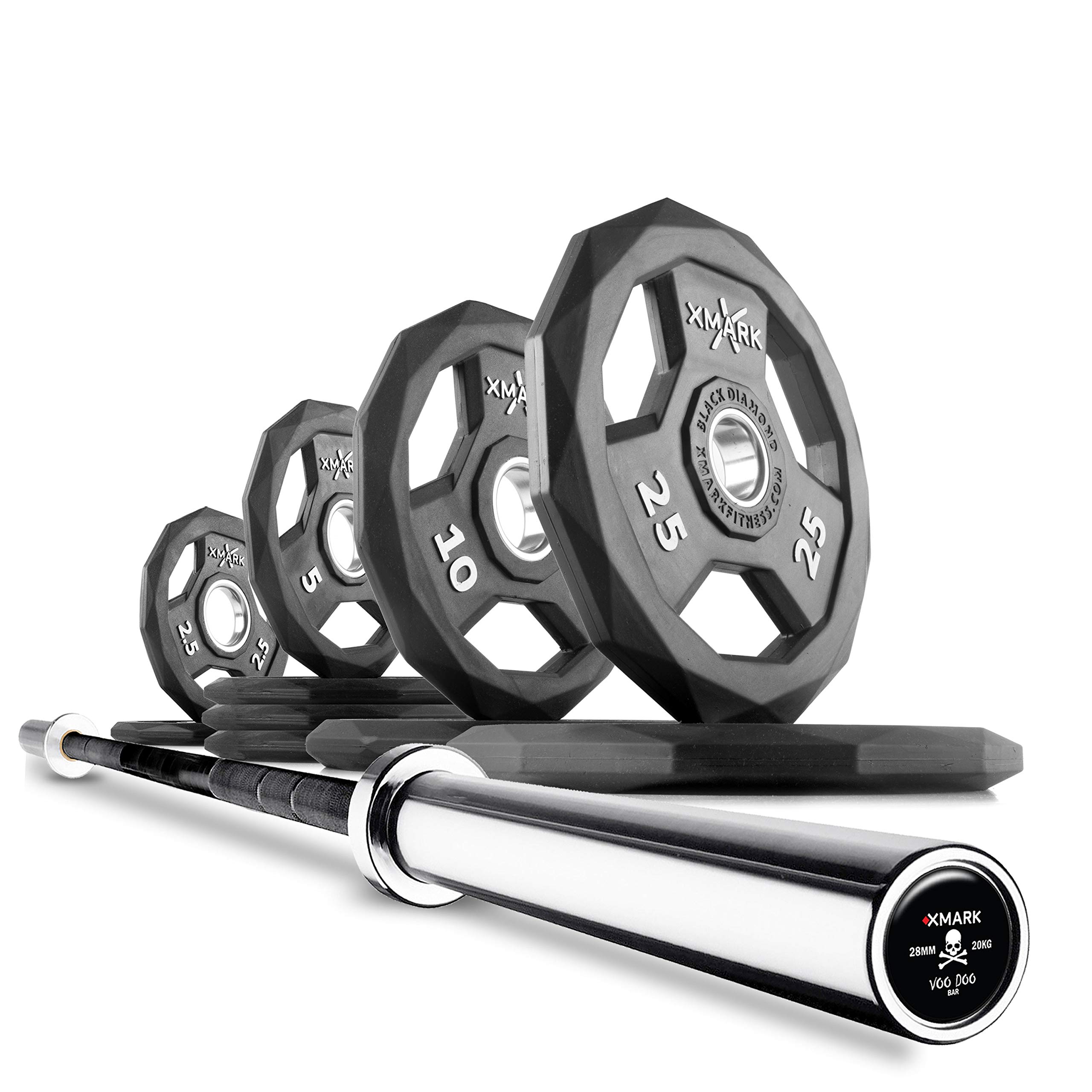 XMark Olympic Weight Set with 7' Olympic Barbell Bar - 300LB Black Diamond Weight Plates for Home Gym, Strength Training & CrossFit Workouts