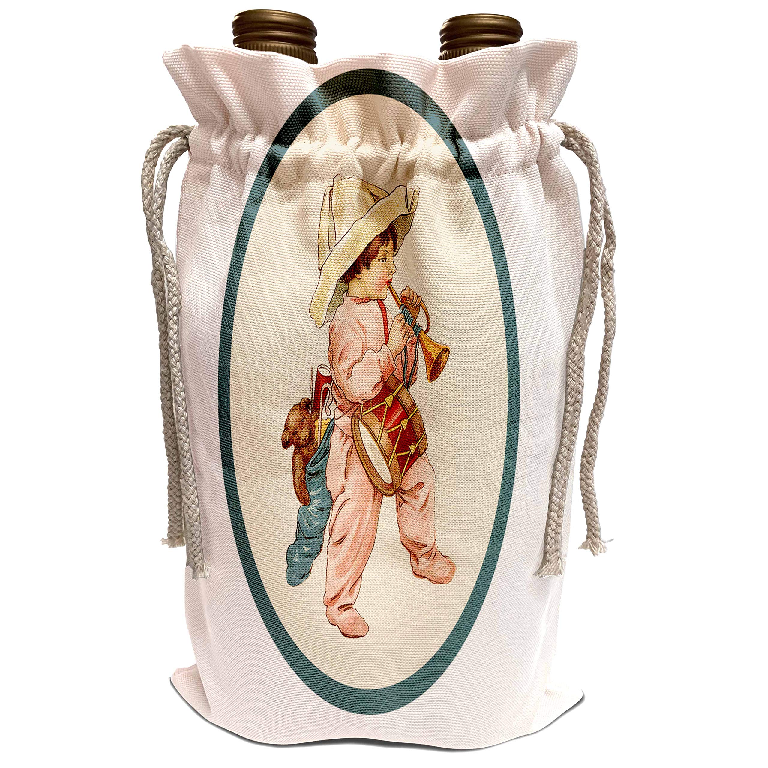 Vintage Christmas Illustration Wine Bag - Cute Toddler Playing Bugle with Drum & Toy Stocking - 3D Printed Holiday Gift for Wine Lovers (Perfect for Christmas Parties, Gifts & Festive Decor)