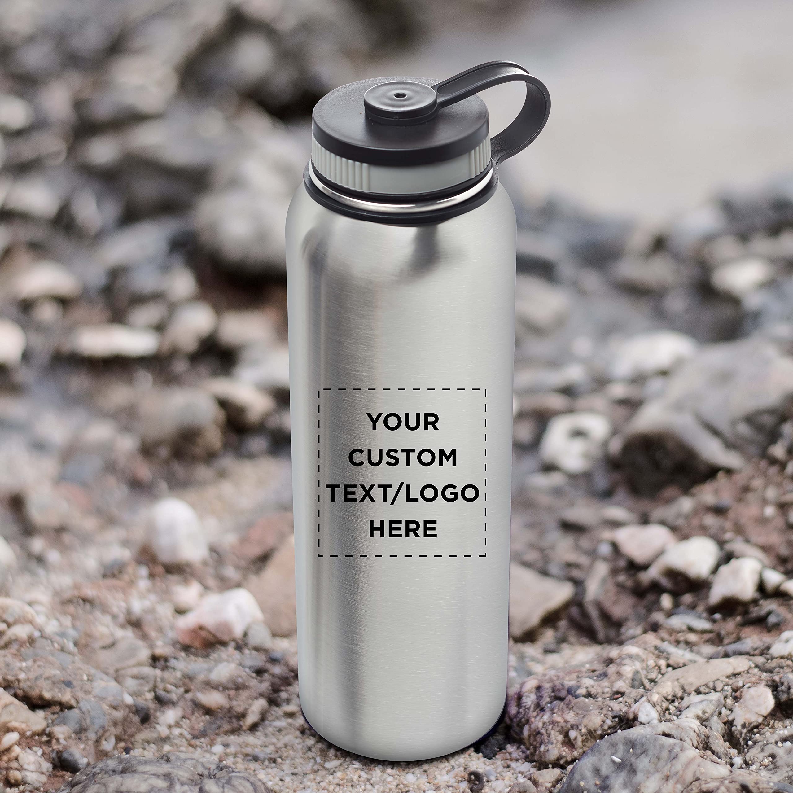 6-Pack 41 oz Stainless Steel Vacuum Insulated Water Bottles - Double Wall, Leakproof, Custom Text & Logo - Silver - Ideal for Gym, Hiking, Office & Travel