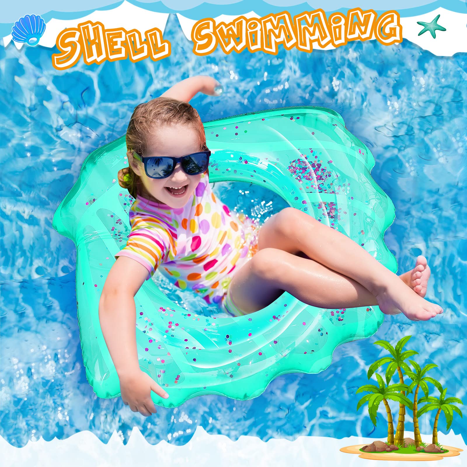 2 Pack Inflatable Seashell Swim Rings - Glitter Confetti Pool Floats for Kids, Toddlers & Teens - Pink & Blue Water Swim Tubes for Summer Beach, Pool Parties & Decorations