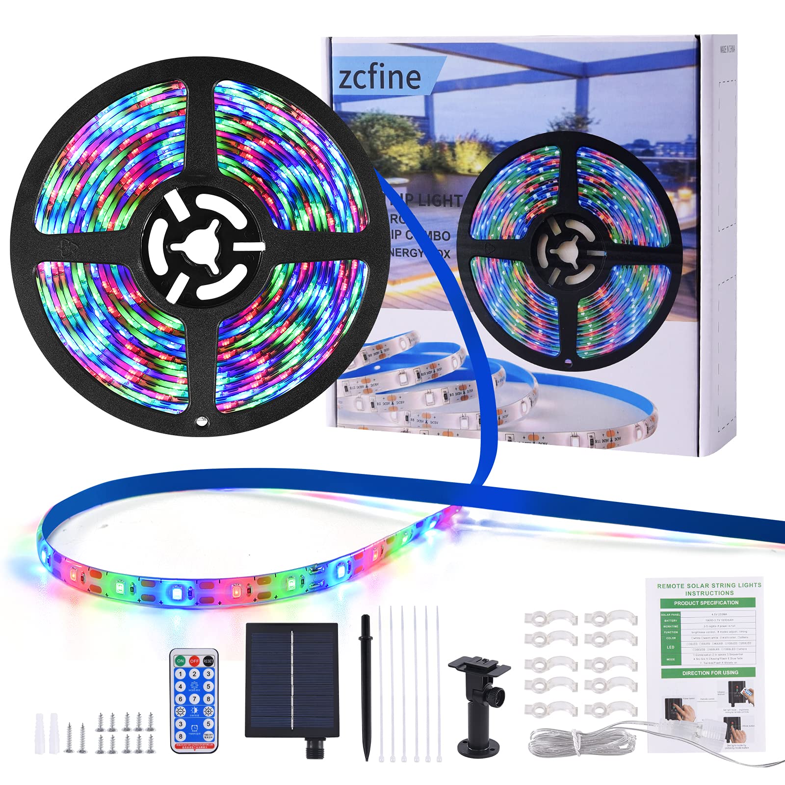 ZCFINE 16.4Ft Solar LED Strip Lights with Remote Control - 300 LEDs, 8 Lighting Modes, Auto On/Off, IP67 Waterproof - Multi-Color Outdoor Decorative Lighting for Garden, Patio, and Landscape
