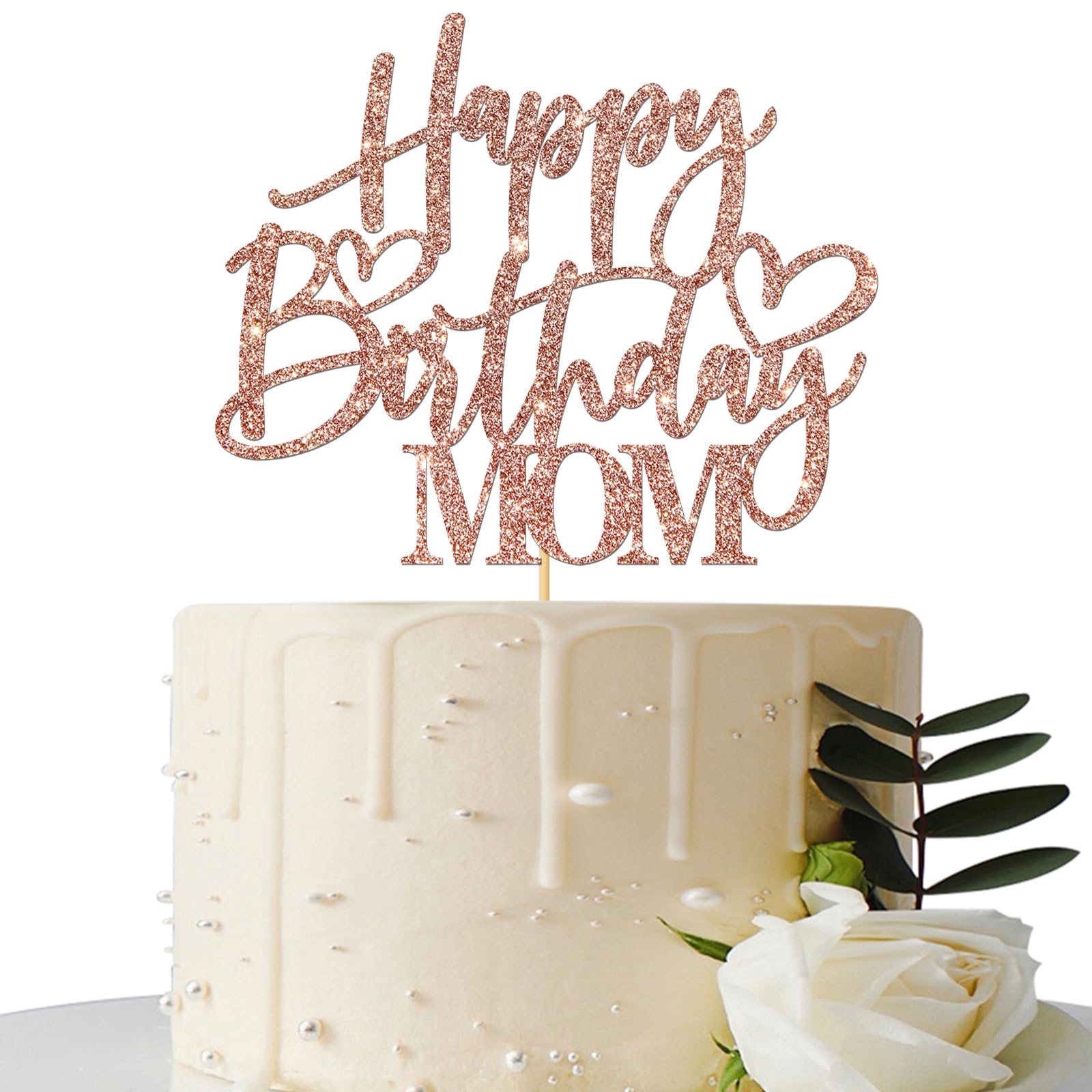 Happy Birthday Mom Cake Topper - Rose Gold Glitter Mother's Birthday Party Decorations - Women's Birthday Party Supplies - Perfect for Mother's Day, Anniversary & Special Celebrations