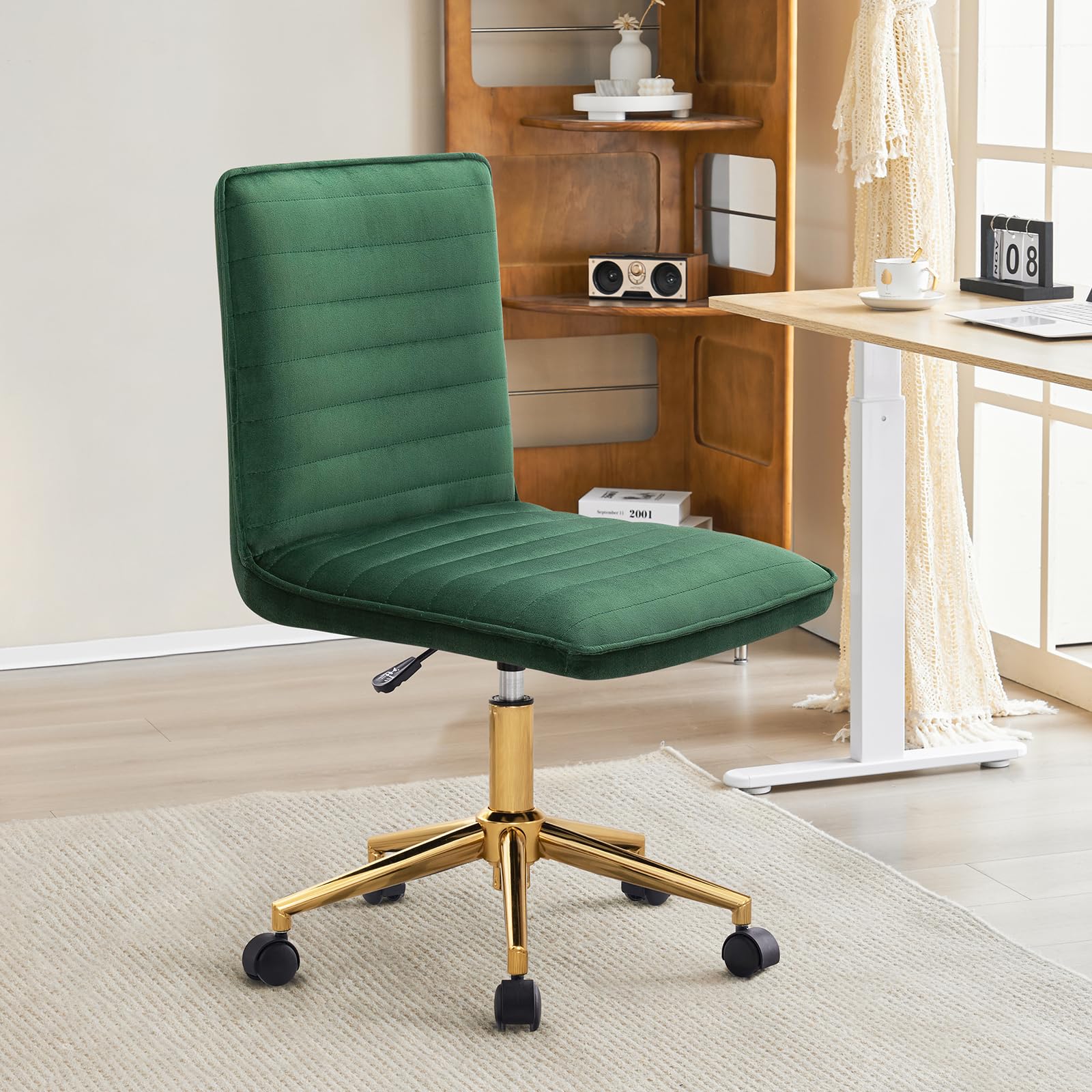 Furnimart Velvet Adjustable Swivel Office Chair - Armless Mid-Back Task Chair for Home Office, Dorm & Study - Dark Green Upholstered Desk Chair for Students & Professionals | Perfect for Small Spaces & Long Work Sessions