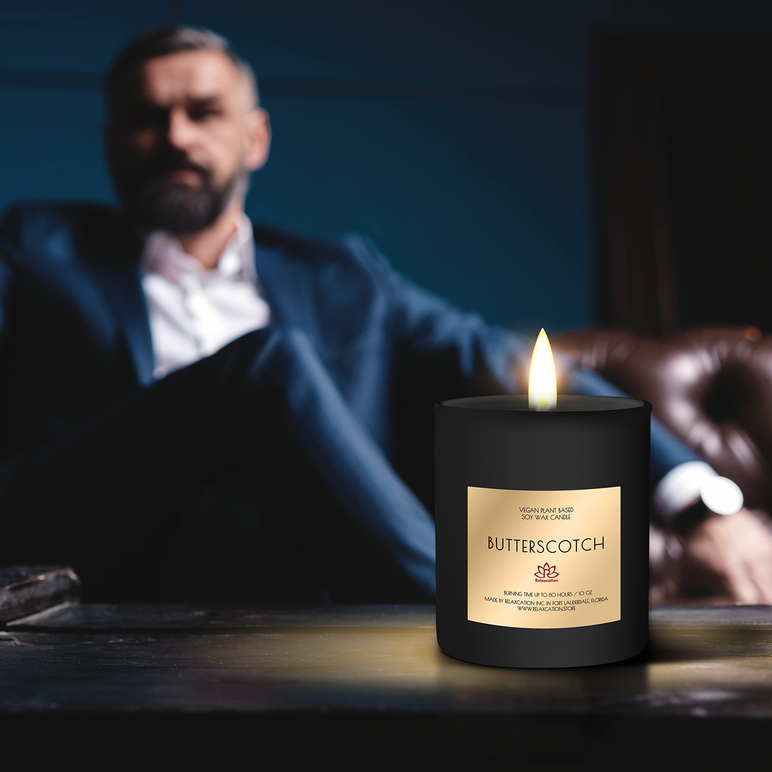 Premium Butterscotch Scented Soy Wax Candle for Men & Women - 10oz Black Glass Jar, Clean Burning, Handmade in USA - Perfect Gift for Father's Day, Christmas & Holidays - Ideal for Home Decor, Romantic Dinners & Relaxation