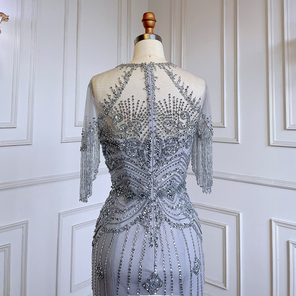 Elegant Grey Mermaid Evening Gown with Beaded Tassel Details - O-Neck Short Sleeve Dubai Style Party Dress for Women | Perfect for Weddings, Galas & Formal Events 2025 LA70646