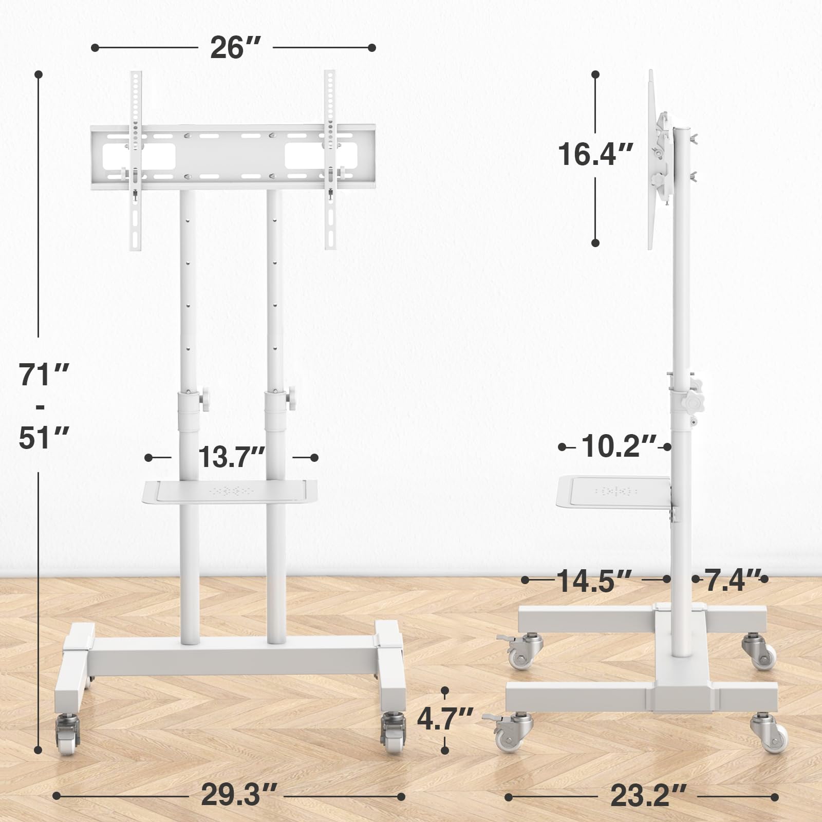 Adjustable Mobile TV Stand with Lockable Wheels for 32-83 Inch Flat/Curved Screens - Rolling TV Cart with Heavy Duty Shelf (110 lbs Capacity) - Perfect for Living Room, Bedroom or Office - White