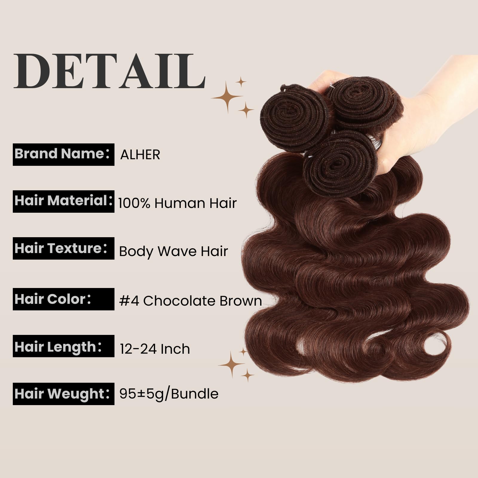 ALHER 10A 100% Unprocessed Virgin Remy Hair Bundles - Chocolate Brown #4 Body Wave with 4x4 HD Lace Closure (16/18/20+16 inches) | Soft, Thick & Natural Looking | Perfect for Everyday Wear, Special Occasions & Protective Styles